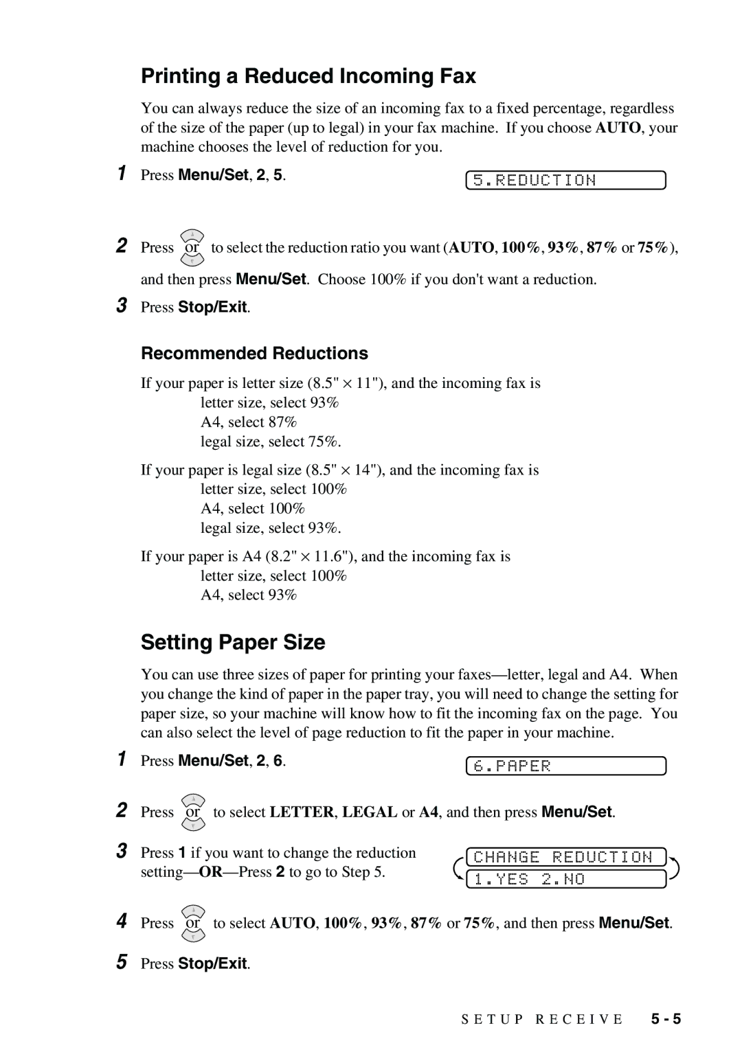 Brother 1575MC owner manual Printing a Reduced Incoming Fax, Setting Paper Size, Recommended Reductions 