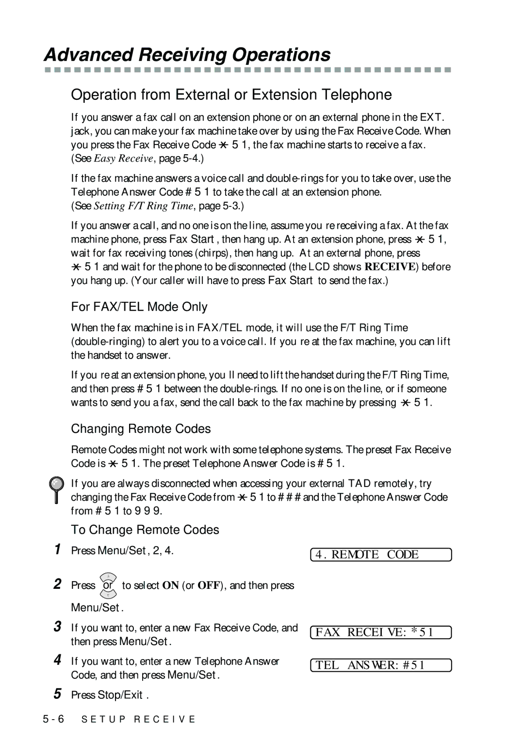 Brother 1575MC Advanced Receiving Operations, Operation from External or Extension Telephone, For FAX/TEL Mode Only 