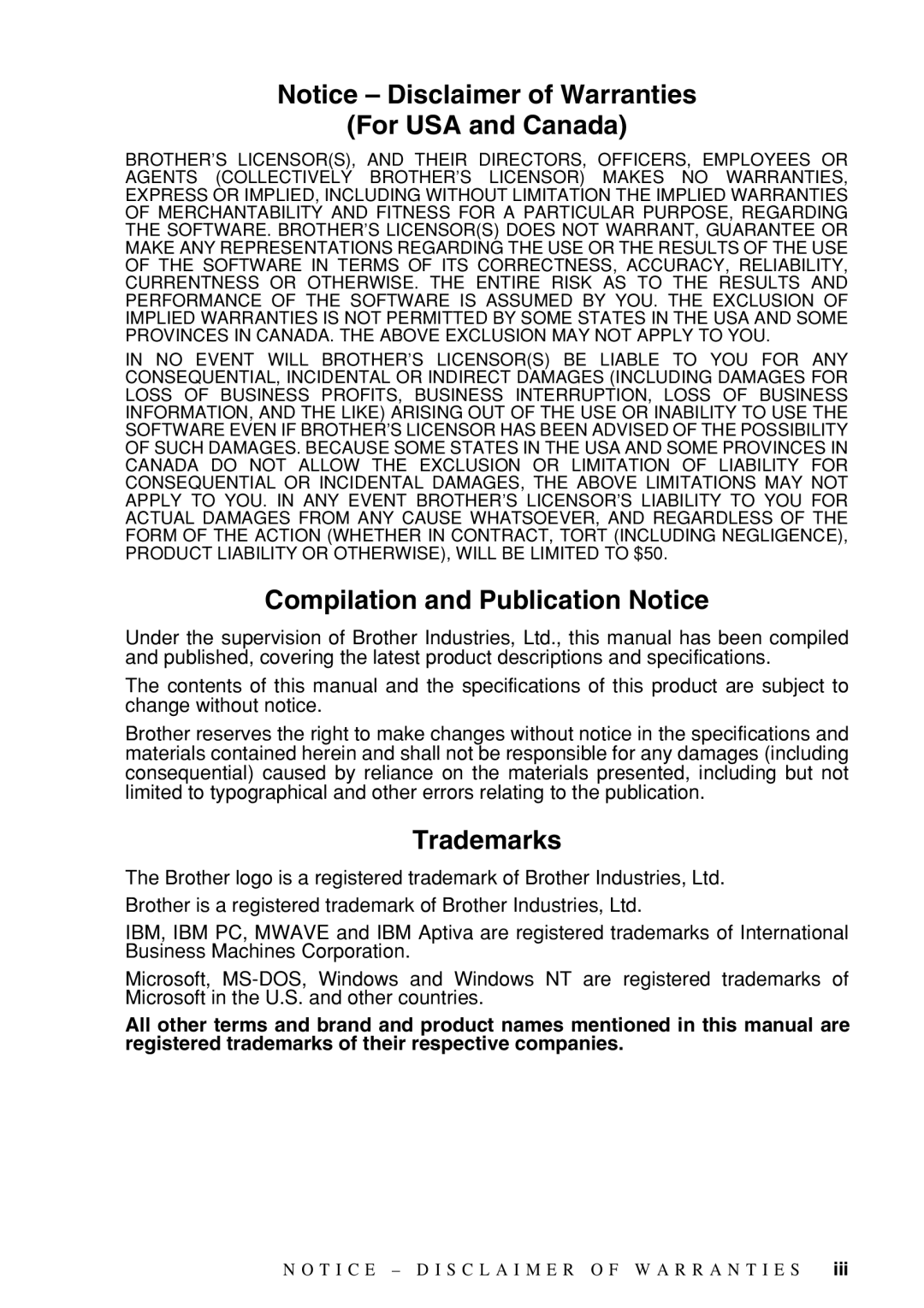 Brother 1575MC owner manual For USA and Canada, Compilation and Publication Notice, Trademarks 