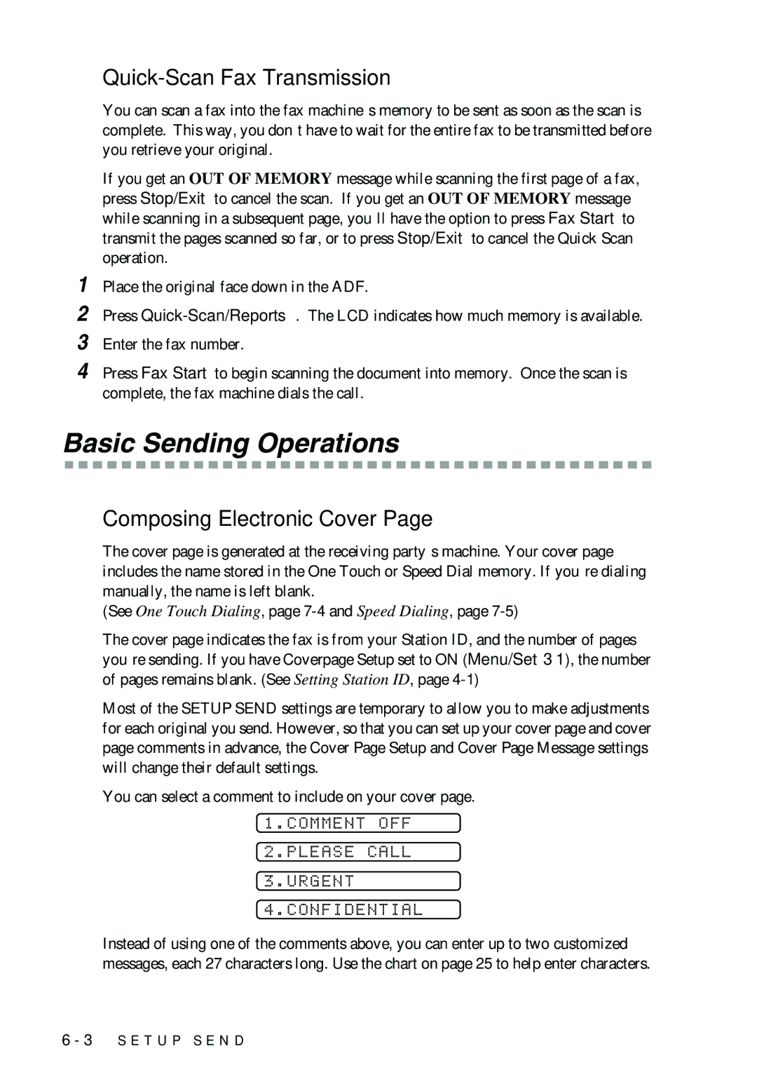 Brother 1575MC owner manual Basic Sending Operations, Quick-Scan Fax Transmission, Composing Electronic Cover 