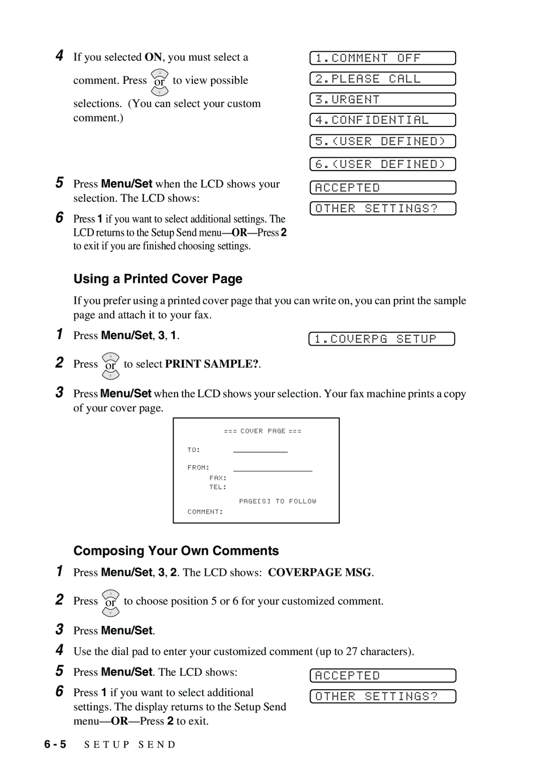 Brother 1575MC owner manual Using a Printed Cover, Coverpg Setup, Composing Your Own Comments 