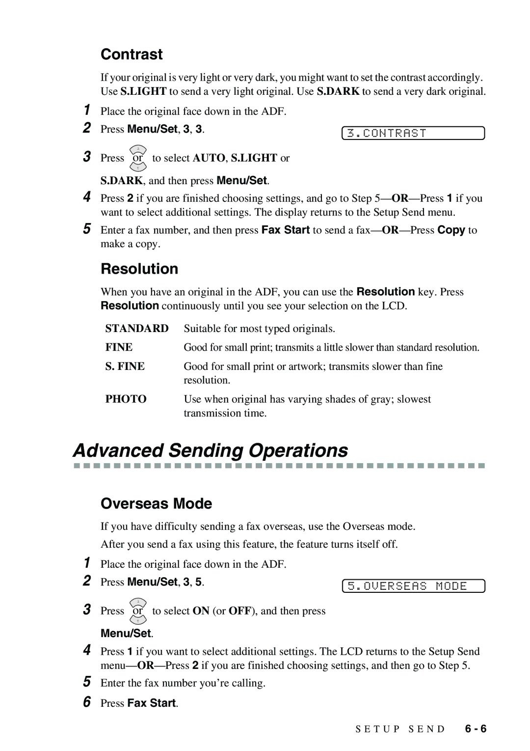 Brother 1575MC owner manual Advanced Sending Operations, Contrast, Resolution, Overseas Mode 