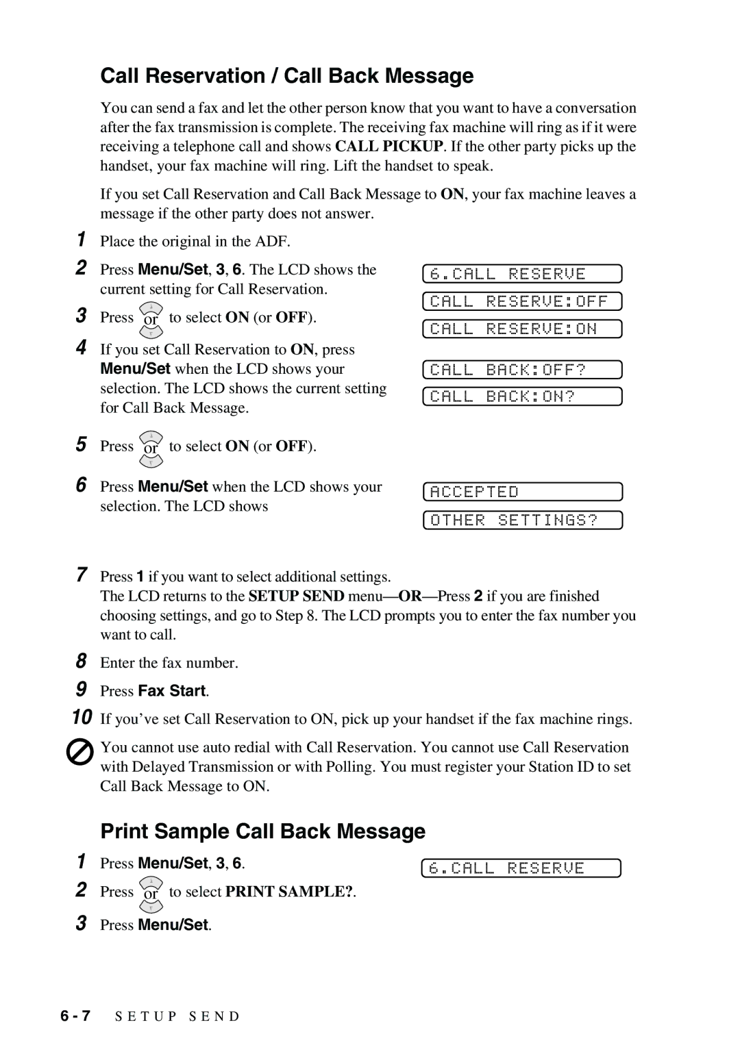 Brother 1575MC owner manual Print Sample Call Back Message 