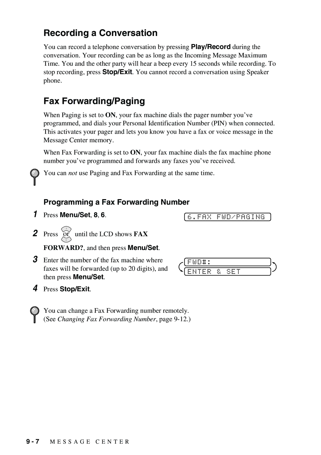 Brother 1575MC owner manual Recording a Conversation, Fax Forwarding/Paging, Programming a Fax Forwarding Number 