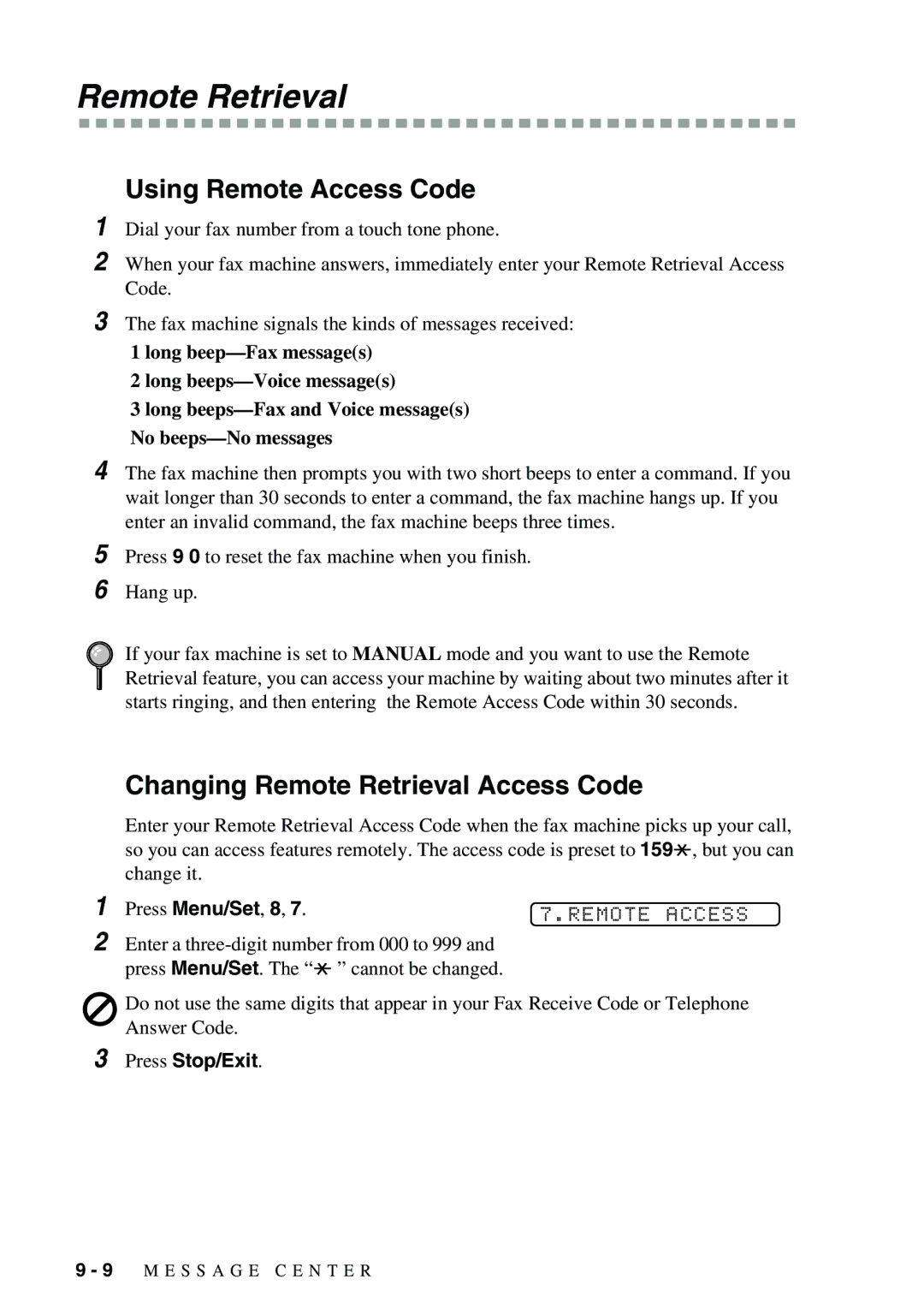 Brother 1575MC owner manual Changing Remote Retrieval Access Code, Remote Access 