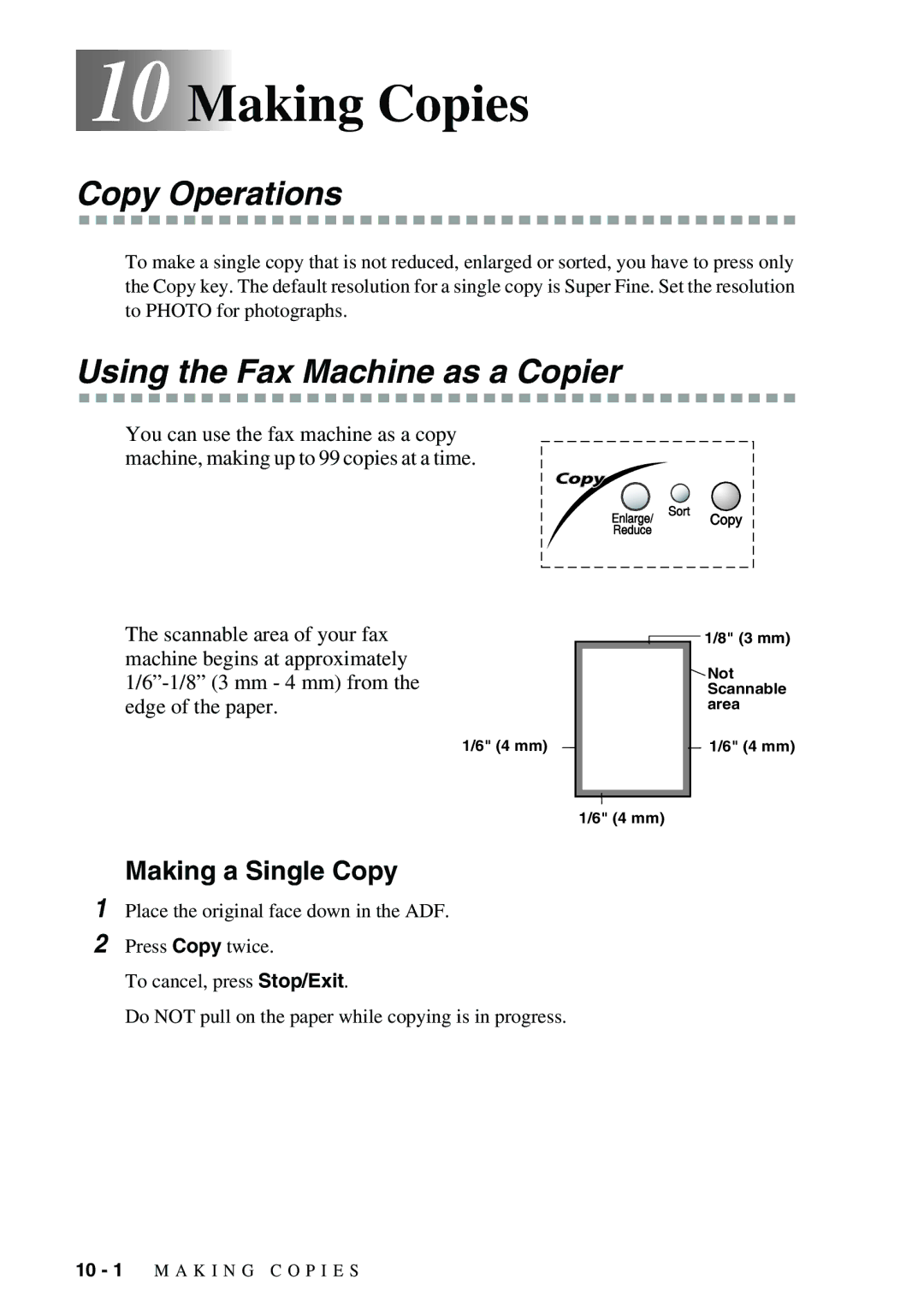 Brother 1575MC owner manual Making Copies, Copy Operations, Using the Fax Machine as a Copier, Making a Single Copy 