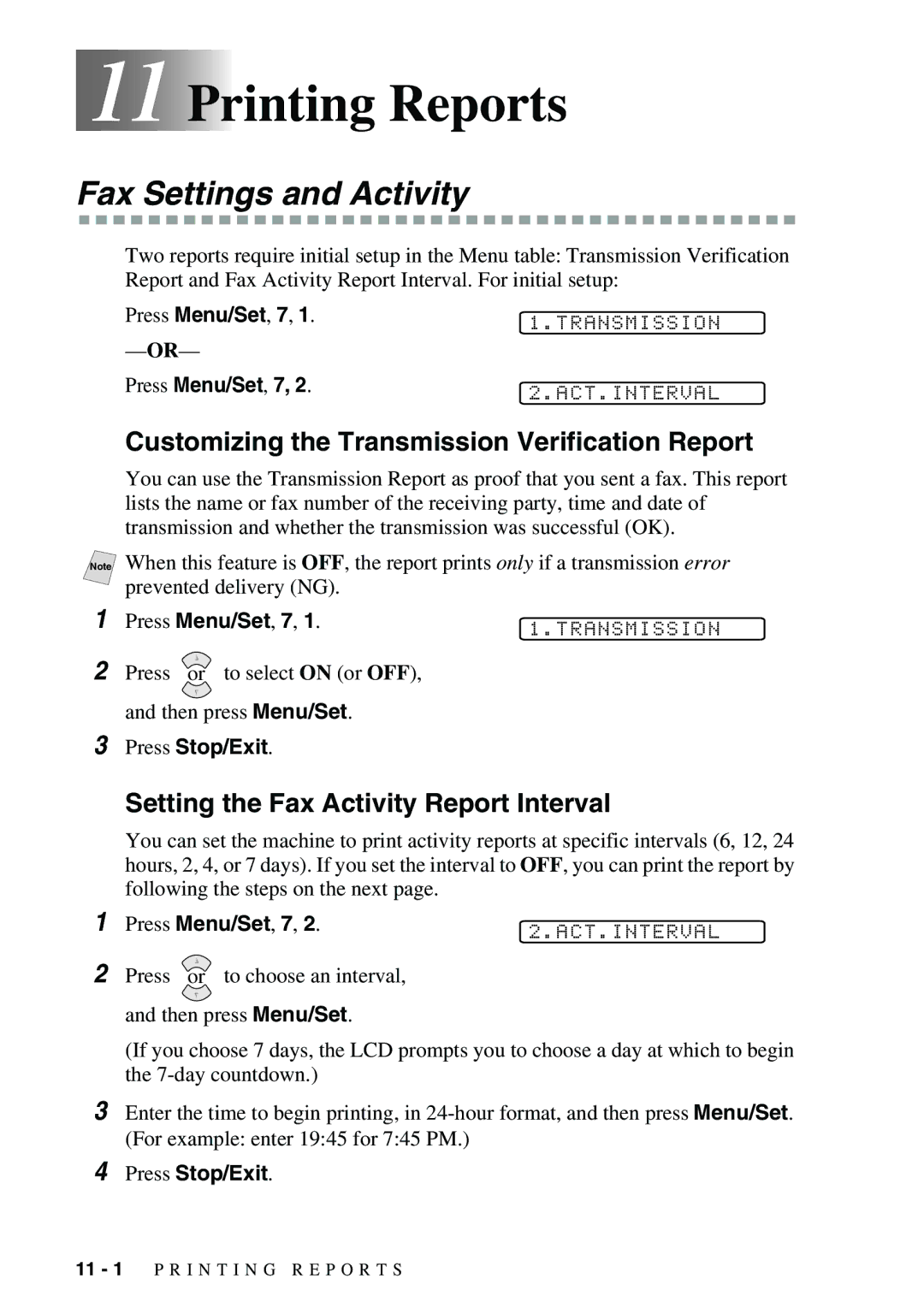 Brother 1575MC owner manual Printing Reports, Fax Settings and Activity, Customizing the Transmission Verification Report 