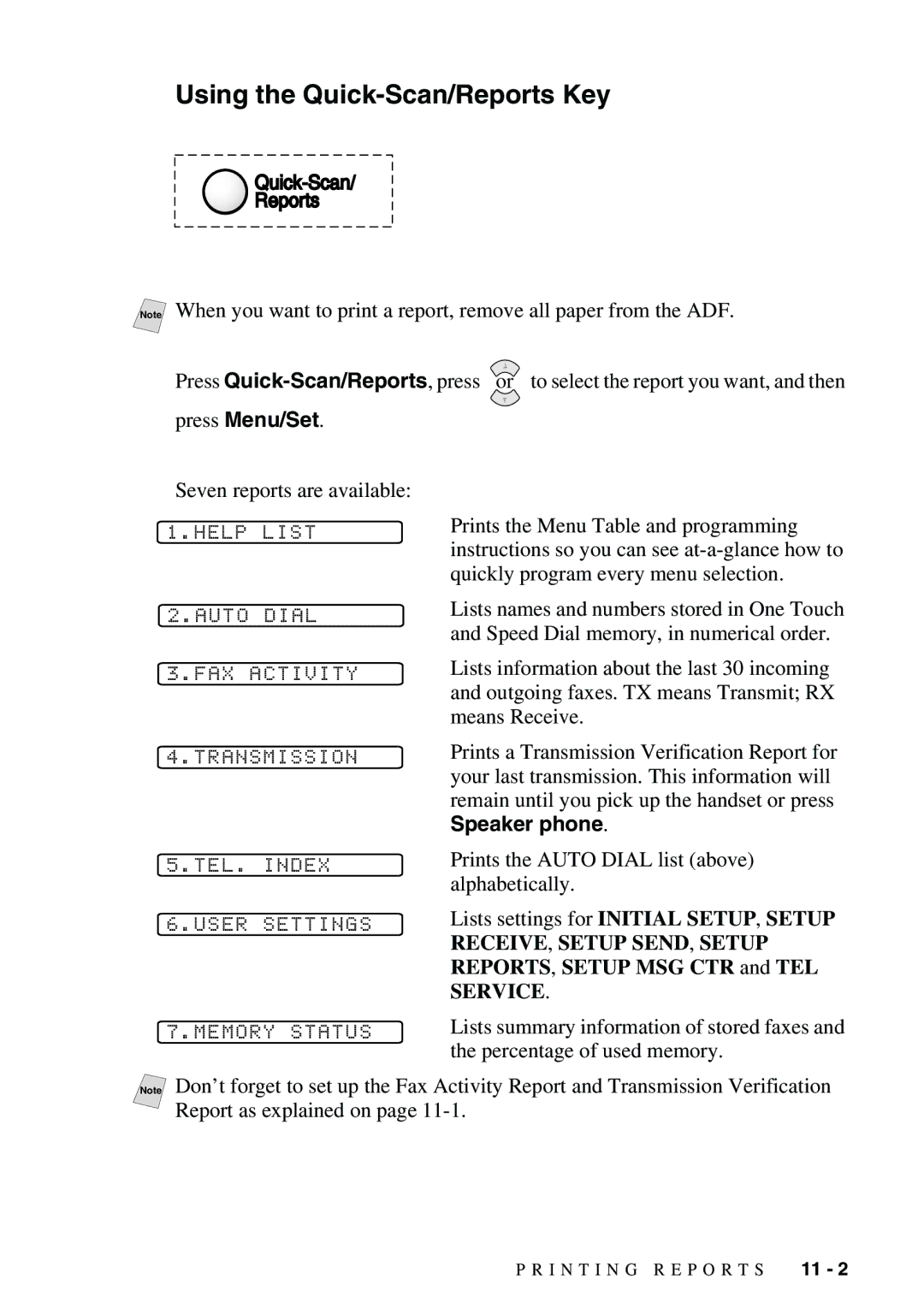 Brother 1575MC Using the Quick-Scan/Reports Key, Help List, Auto Dial FAX Activity, Transmission TEL. Index User Settings 