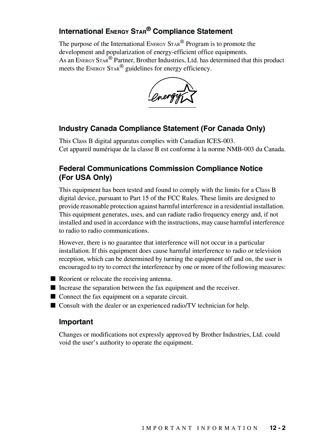 Brother 1575MC International Energy Star Compliance Statement, Industry Canada Compliance Statement For Canada Only 