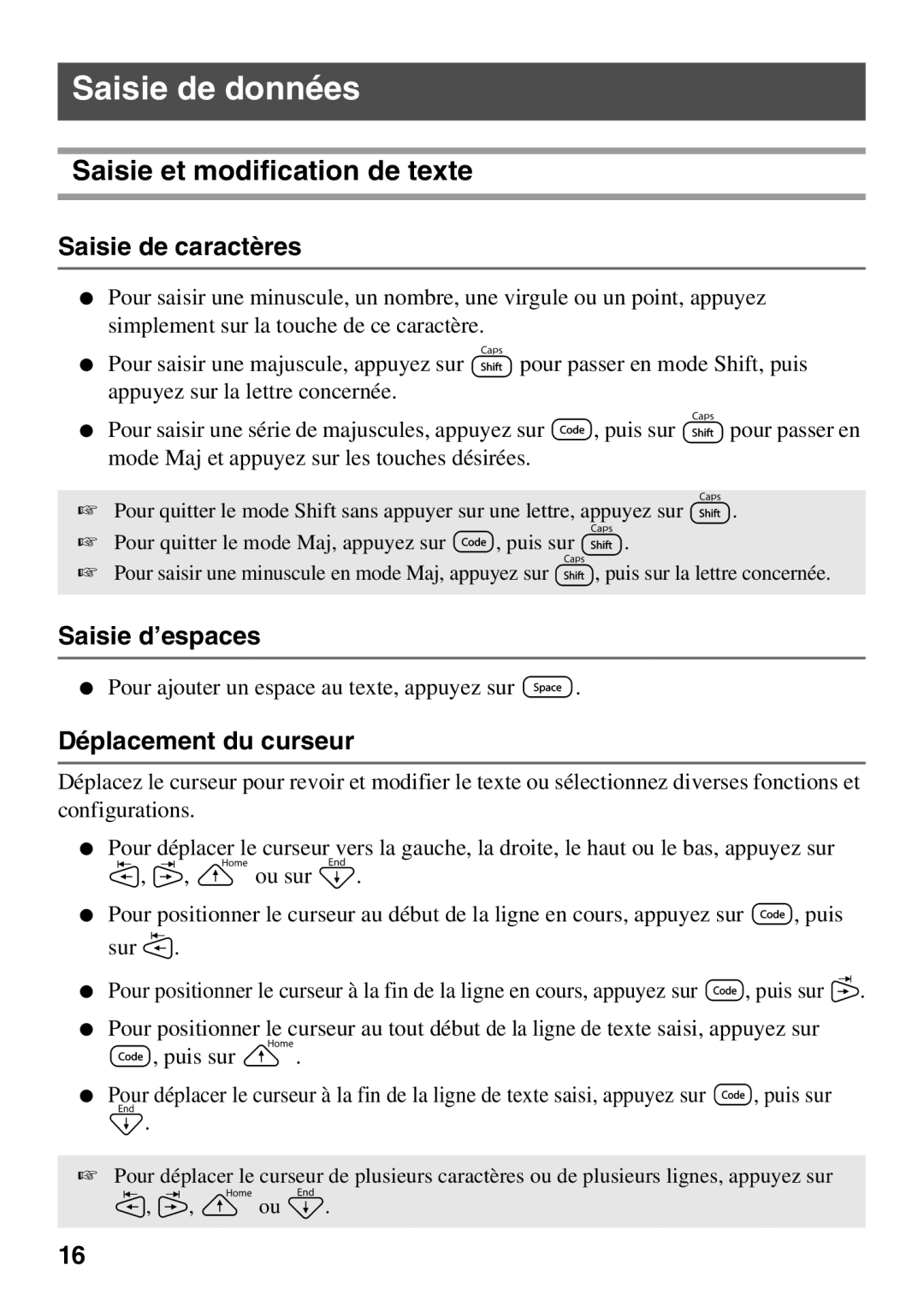 Brother 1650 manual Saisie de données, Saisie et modification de texte, Saisie de caractères, Saisie d’espaces 