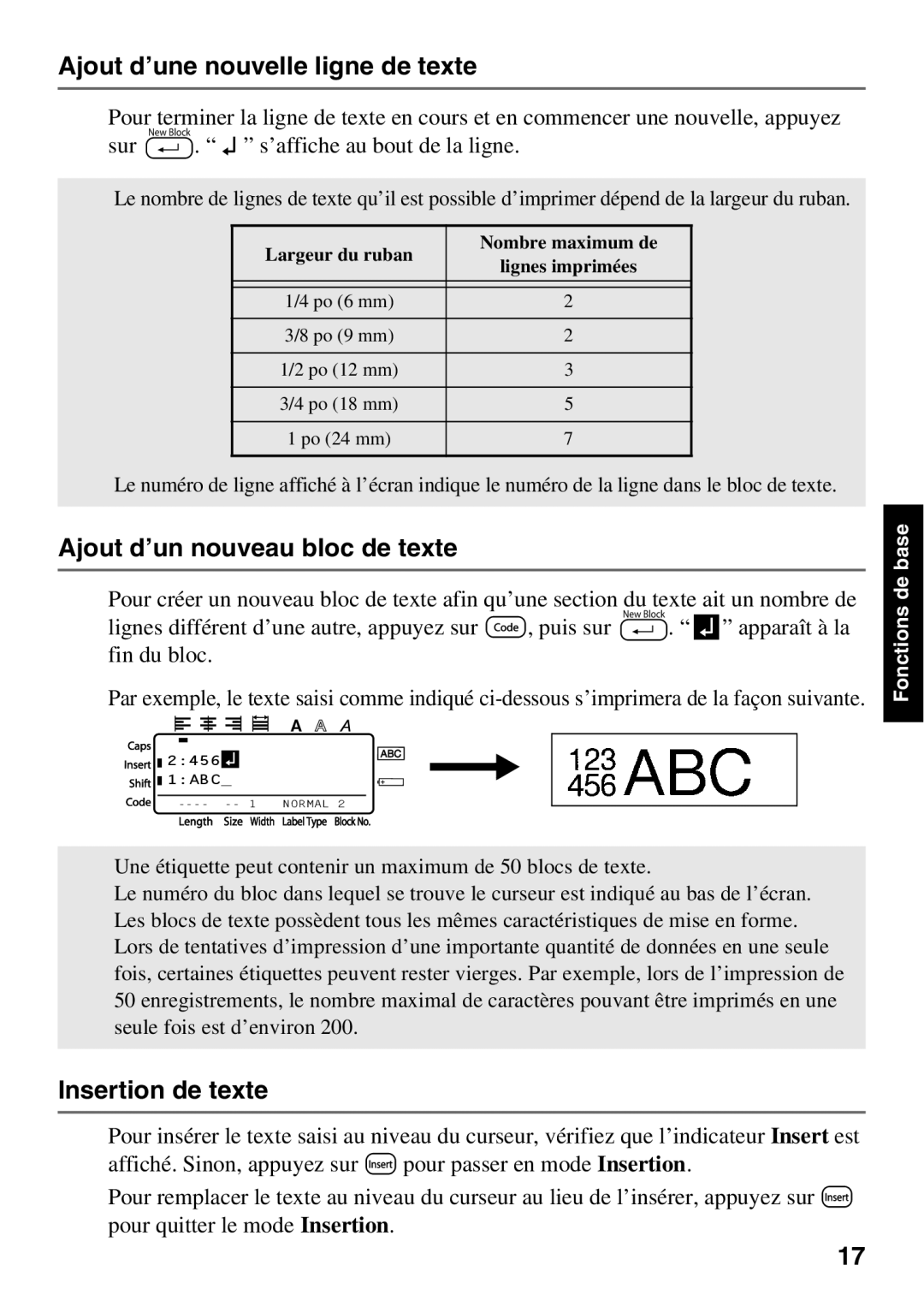 Brother 1650 manual Ajout d’une nouvelle ligne de texte, Ajout d’un nouveau bloc de texte, Insertion de texte 