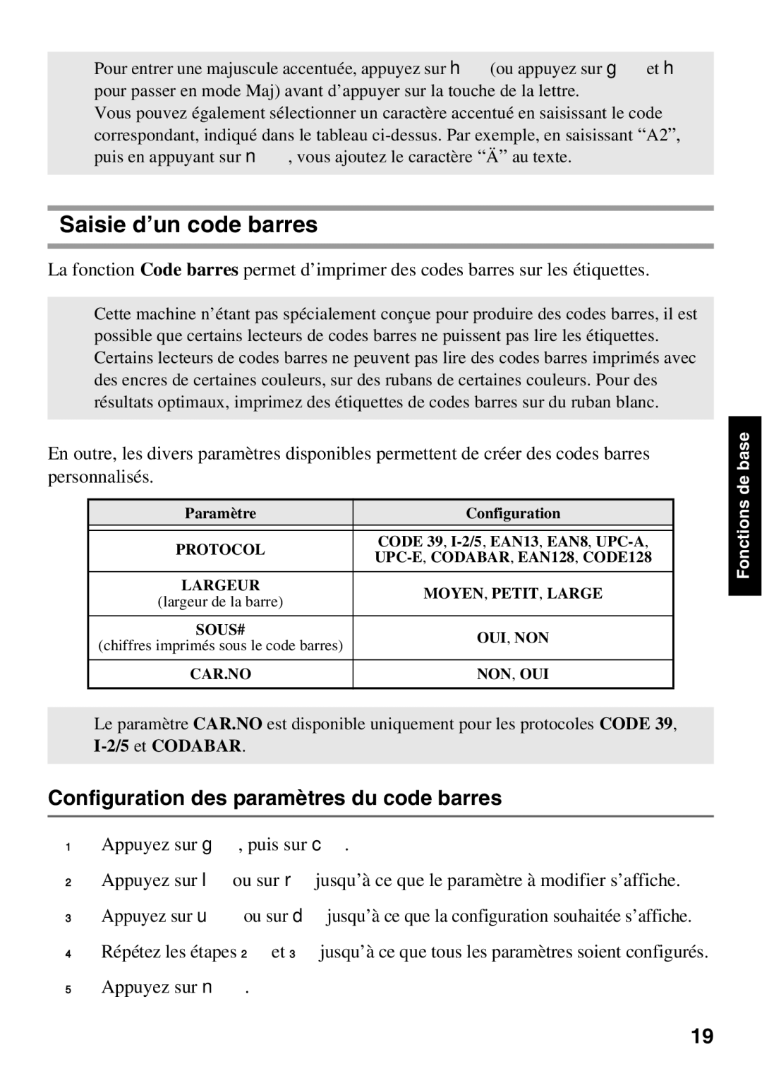 Brother 1650 manual Saisie d’un code barres, Configuration des paramètres du code barres 