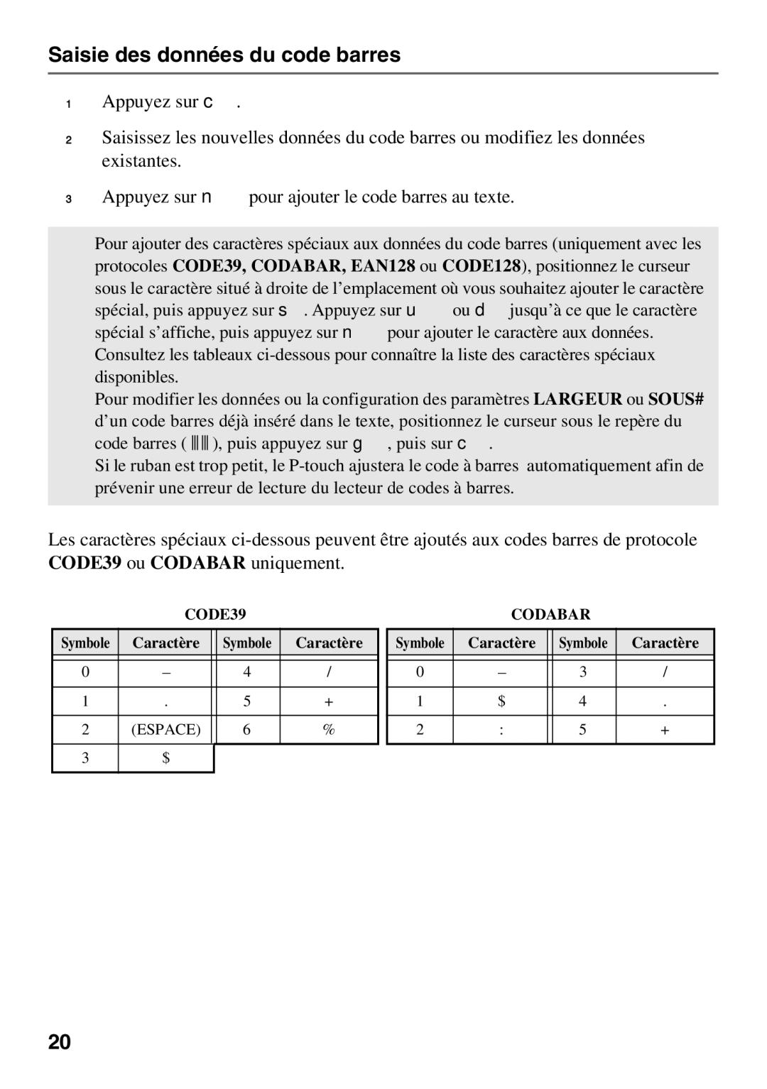 Brother 1650 manual Saisie des données du code barres, CODE39 ou Codabar uniquement 