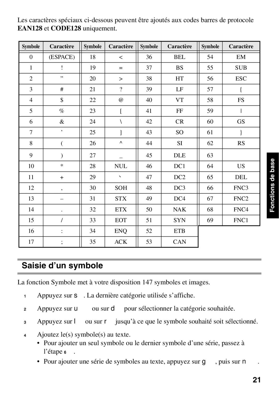 Brother 1650 manual Saisie d’un symbole, EAN128 et CODE128 uniquement 