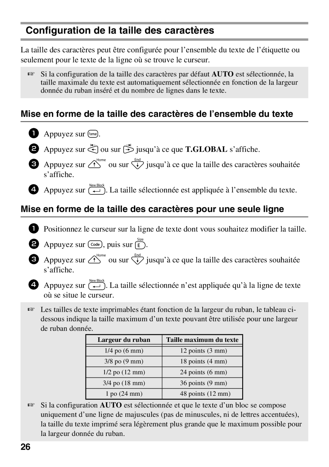 Brother 1650 manual Configuration de la taille des caractères, Largeur du ruban Taille maximum du texte 