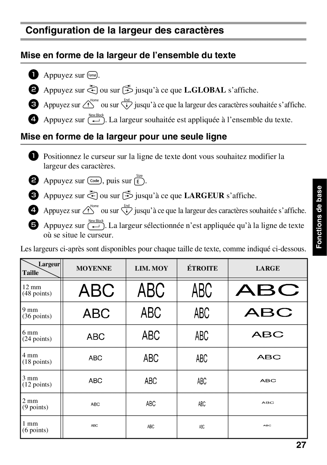 Brother 1650 manual Configuration de la largeur des caractères, Mise en forme de la largeur de l’ensemble du texte 