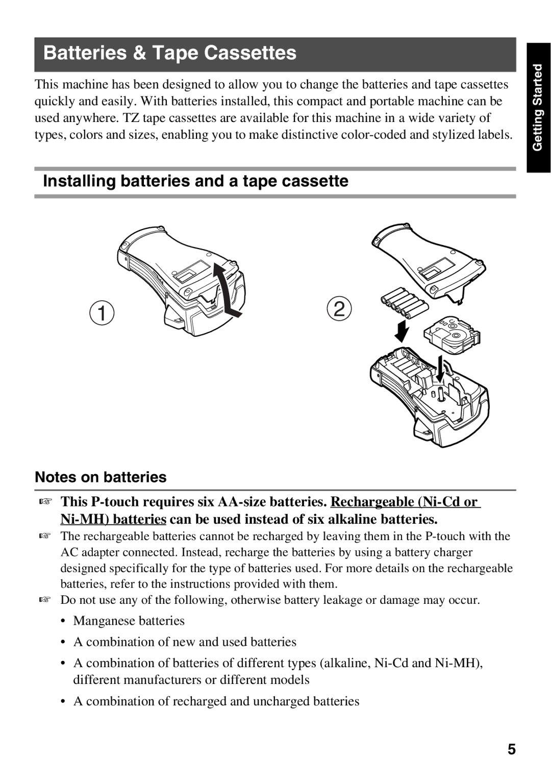 Brother 1650 manual Batteries & Tape Cassettes, Installing batteries and a tape cassette 