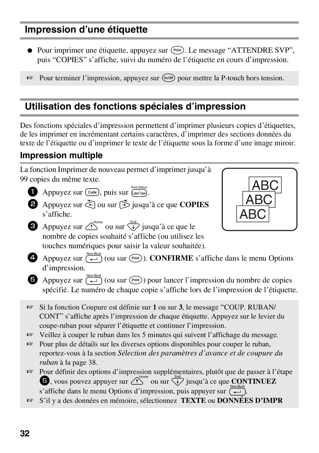 Brother 1650 manual Impression d’une étiquette, Utilisation des fonctions spéciales d’impression, Impression multiple 