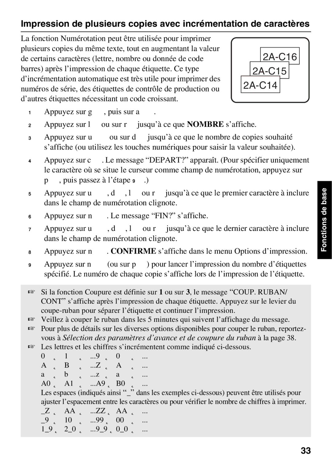 Brother 1650 manual Fonctions de base 