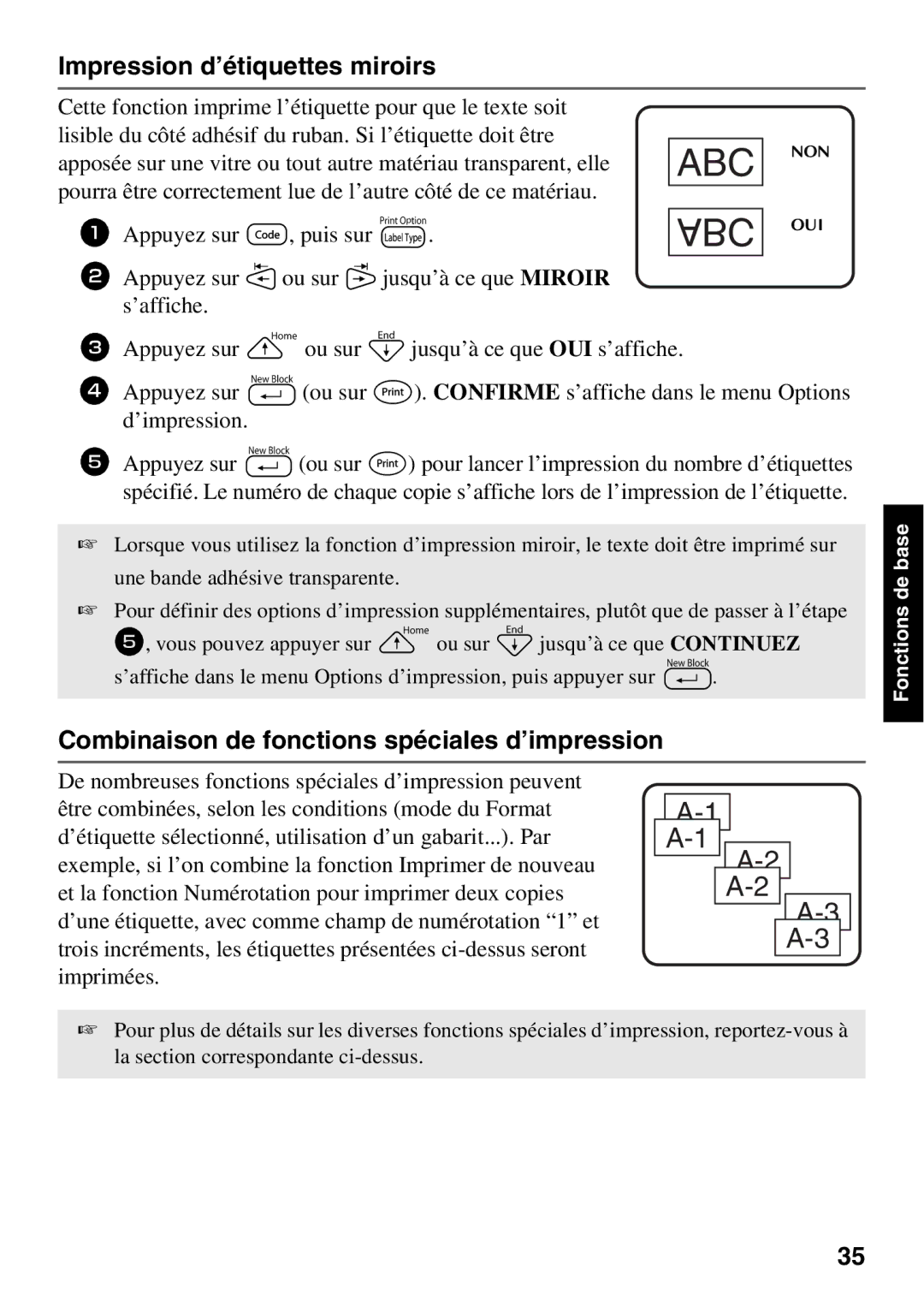 Brother 1650 manual Impression d’étiquettes miroirs, Combinaison de fonctions spéciales d’impression 