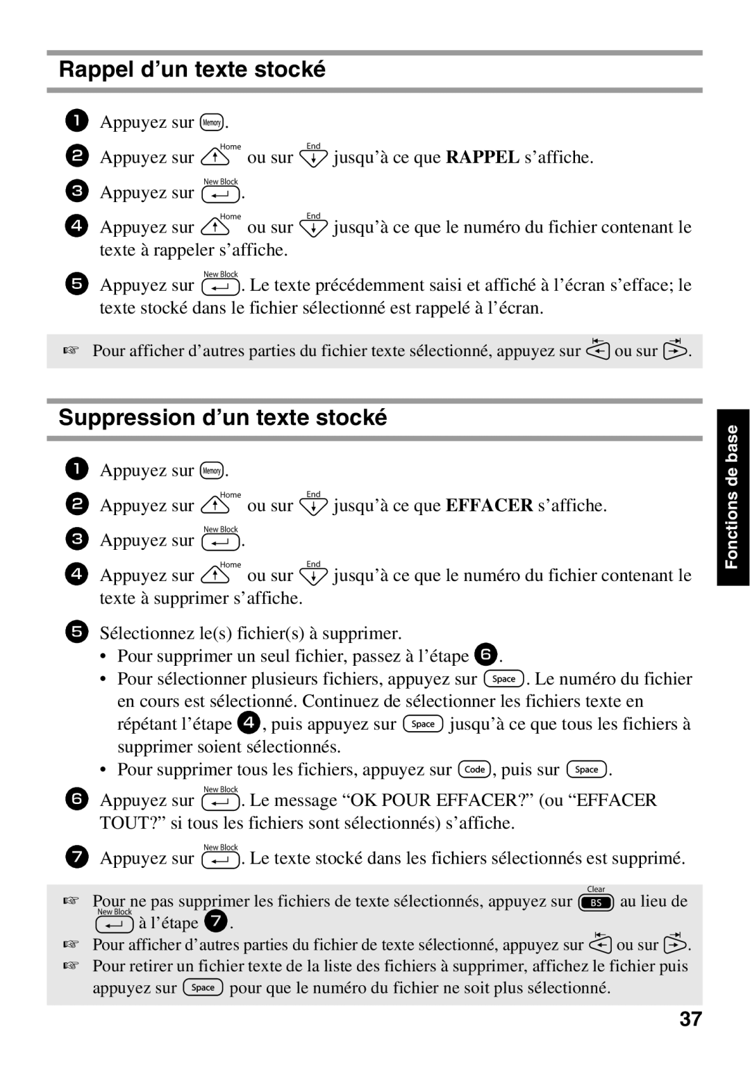 Brother 1650 manual Rappel d’un texte stocké, Suppression d’un texte stocké 