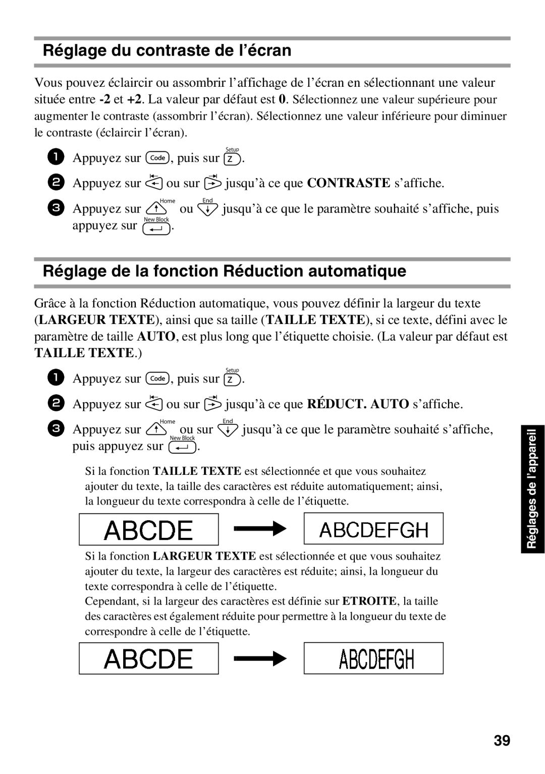 Brother 1650 manual Réglage du contraste de l’écran, Réglage de la fonction Réduction automatique 