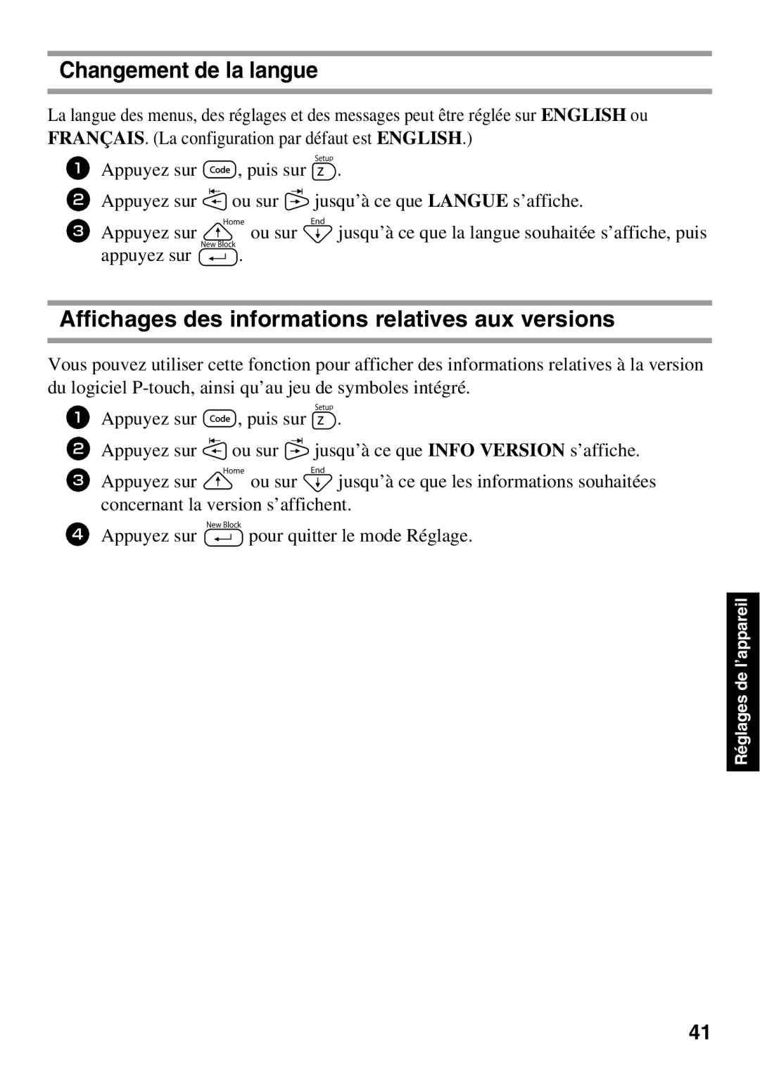 Brother 1650 manual Changement de la langue, Affichages des informations relatives aux versions 