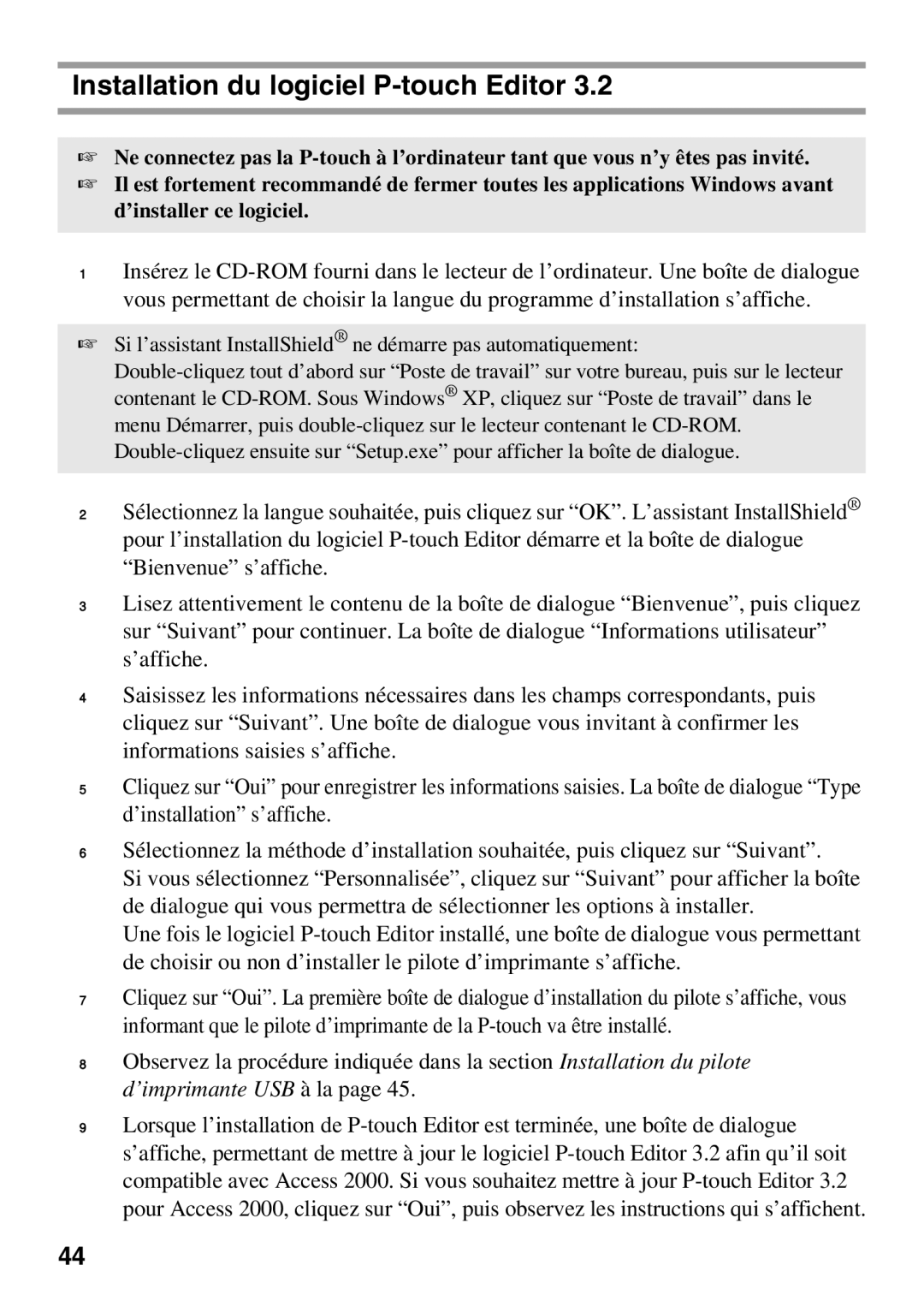 Brother 1650 manual Installation du logiciel P-touch Editor, Si l’assistant InstallShield ne démarre pas automatiquement 