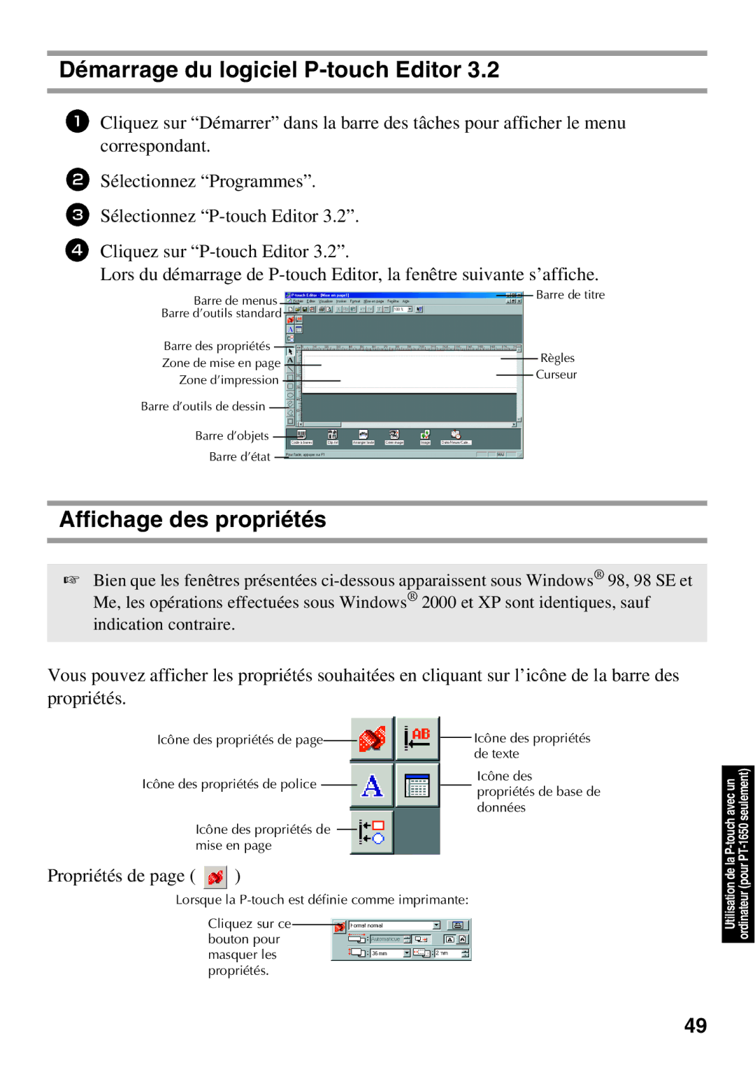 Brother 1650 manual Démarrage du logiciel P-touch Editor, Affichage des propriétés 