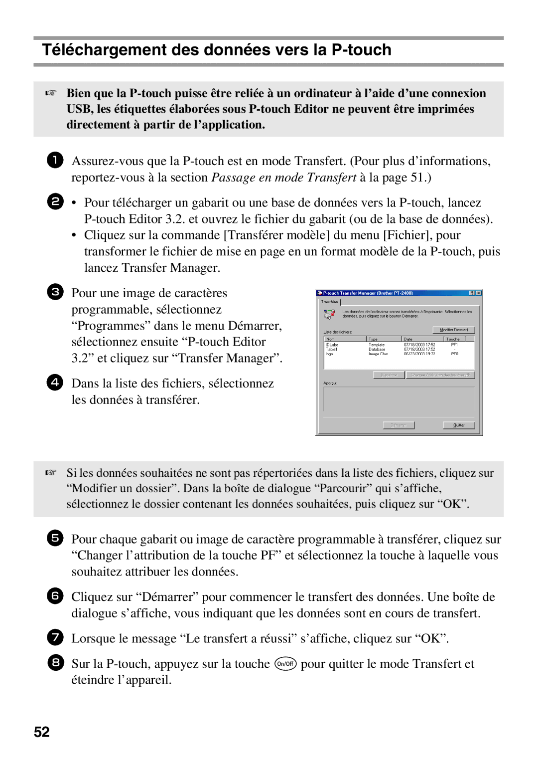 Brother 1650 manual Téléchargement des données vers la P-touch 