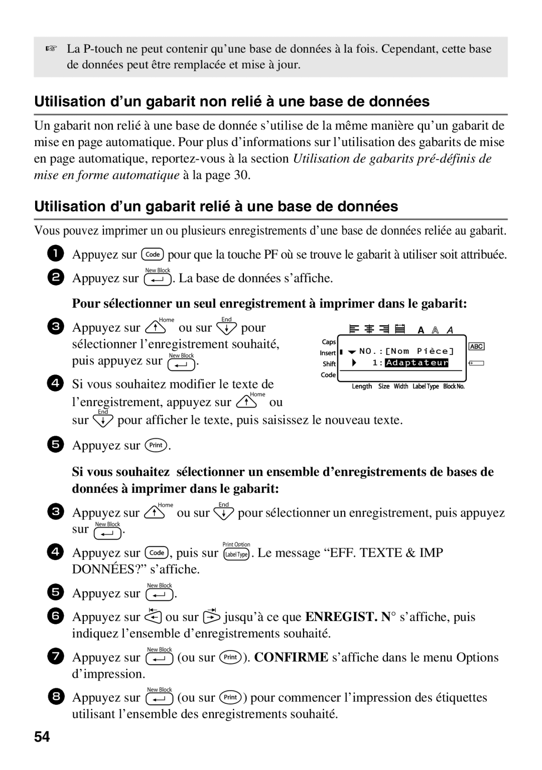 Brother 1650 manual Utilisation d’un gabarit non relié à une base de données 