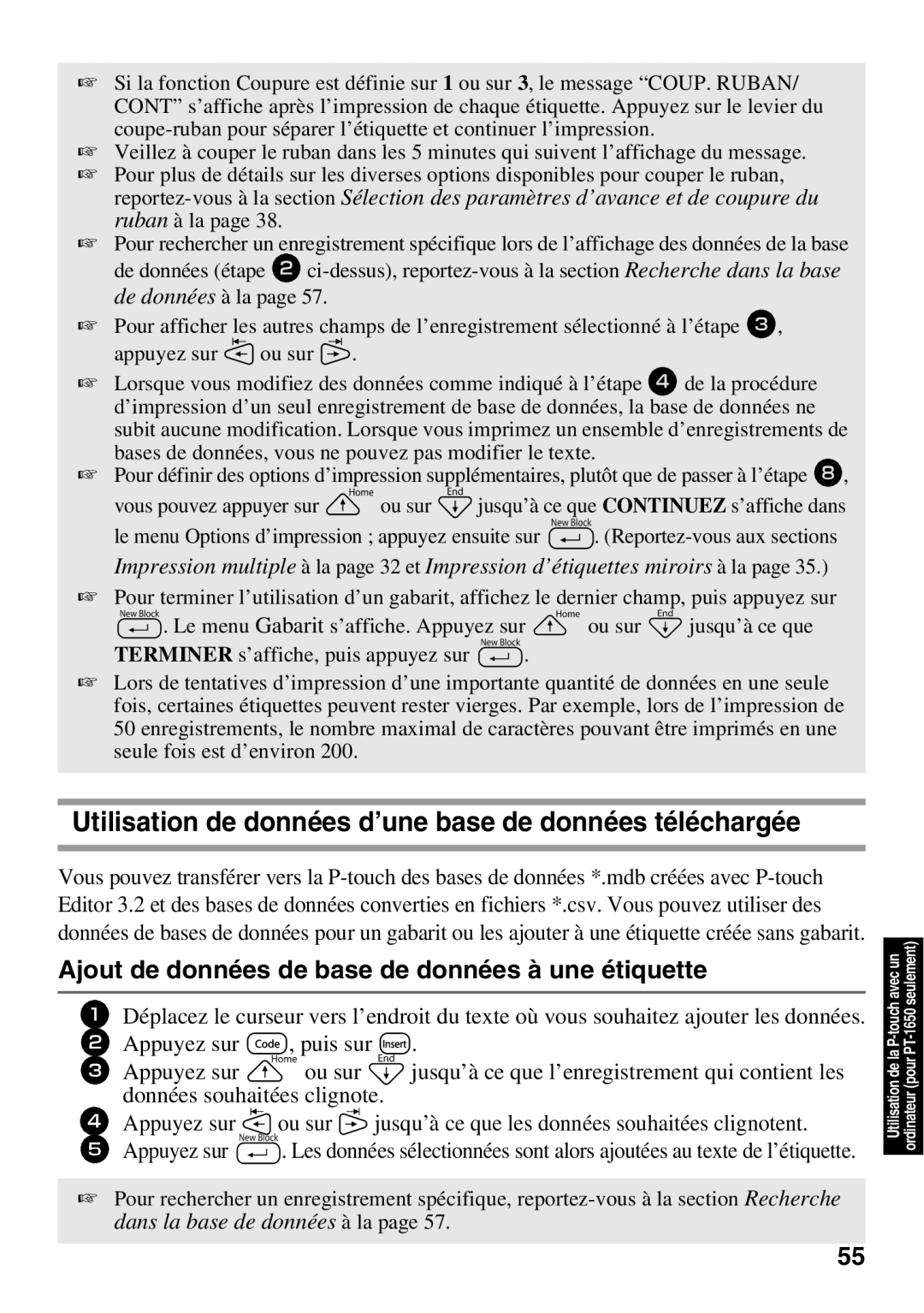 Brother 1650 Utilisation de données d’une base de données téléchargée, Ajout de données de base de données à une étiquette 