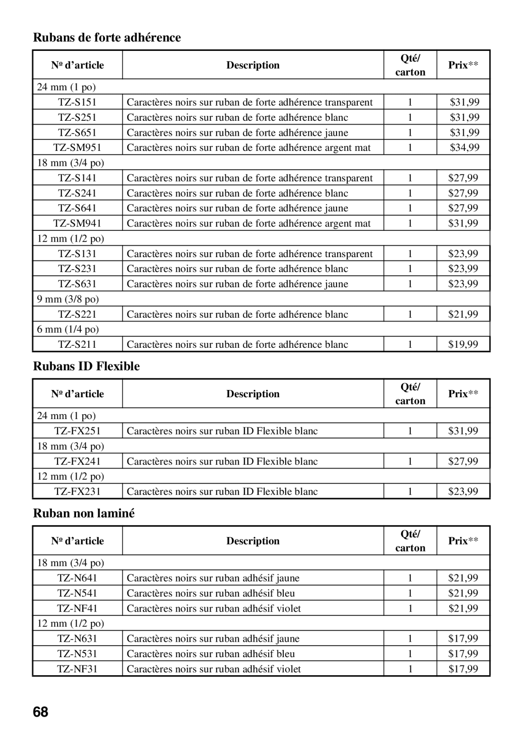 Brother 1650 manual Rubans de forte adhérence, Rubans ID Flexible, Ruban non laminé 