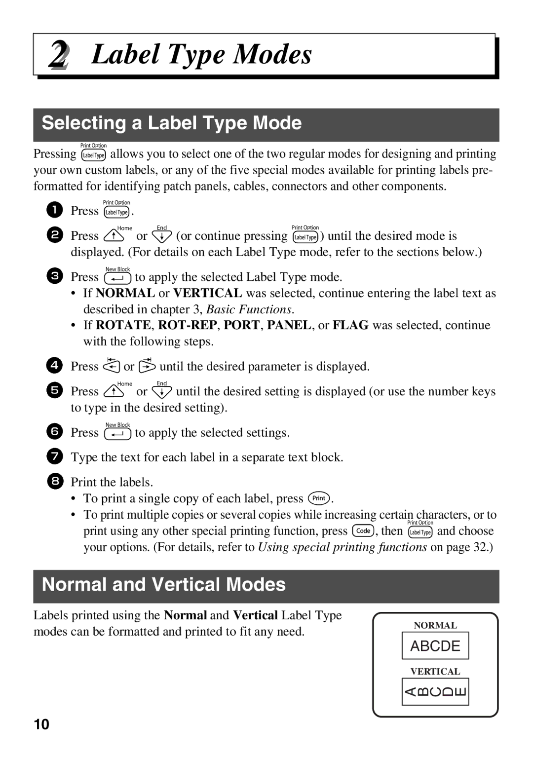 Brother 1650 manual Selecting a Label Type Mode, Normal and Vertical Modes 