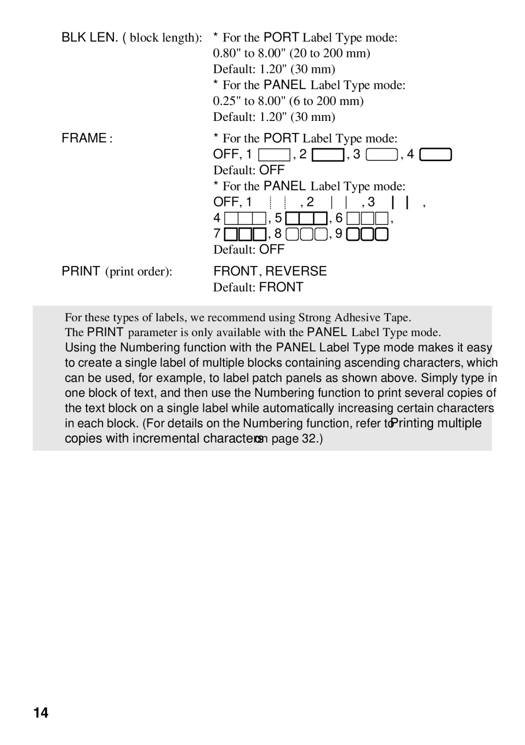 Brother 1650 manual Frame For the Port Label Type mode OFF Default OFF, OFF Default OFF Print print order, Default Front 