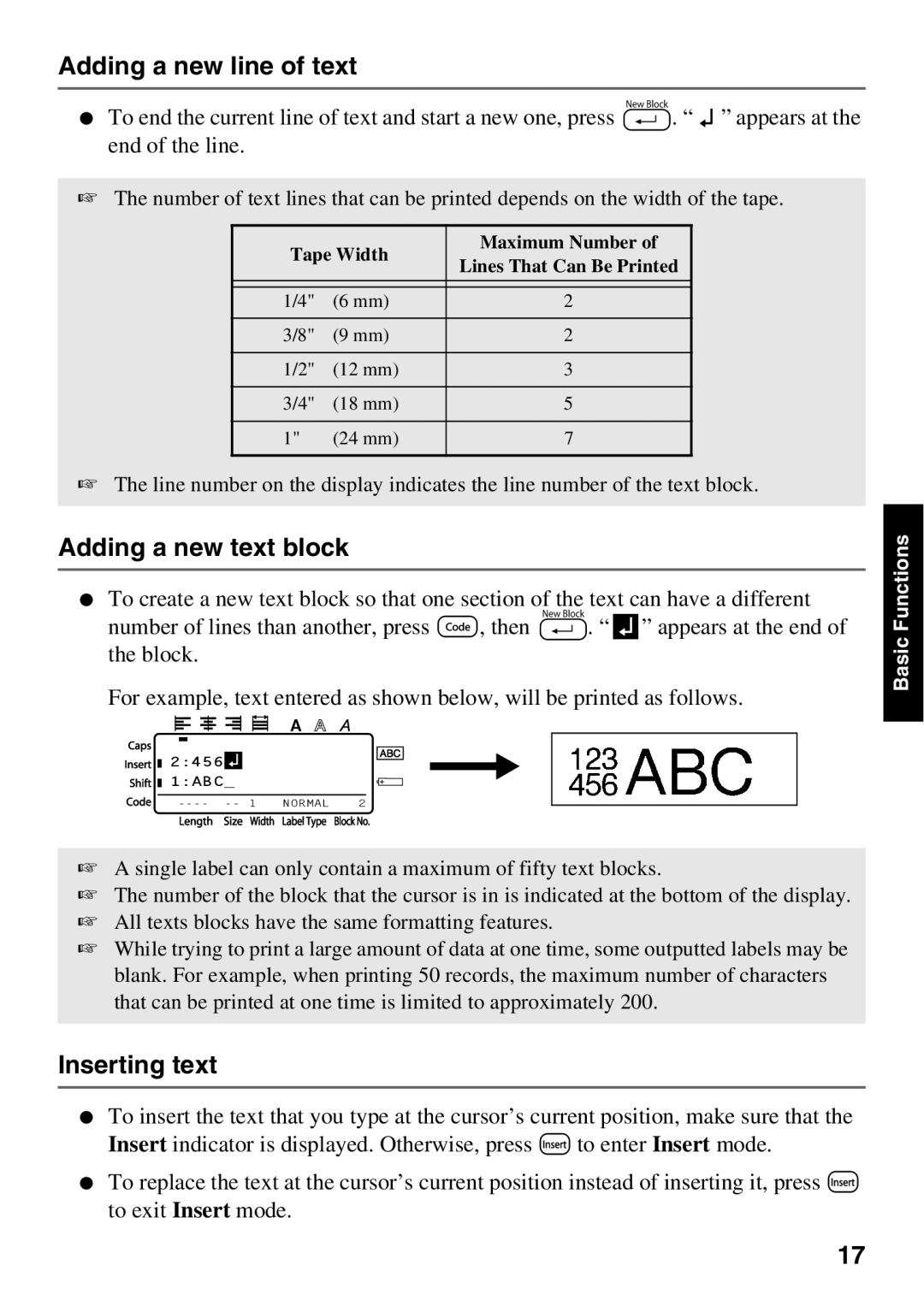 Brother 1650 manual Adding a new line of text, Adding a new text block, Inserting text 