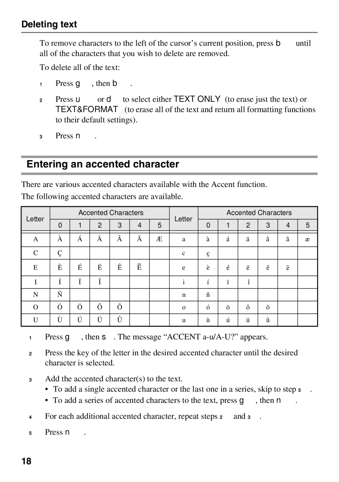 Brother 1650 manual Entering an accented character, Deleting text 