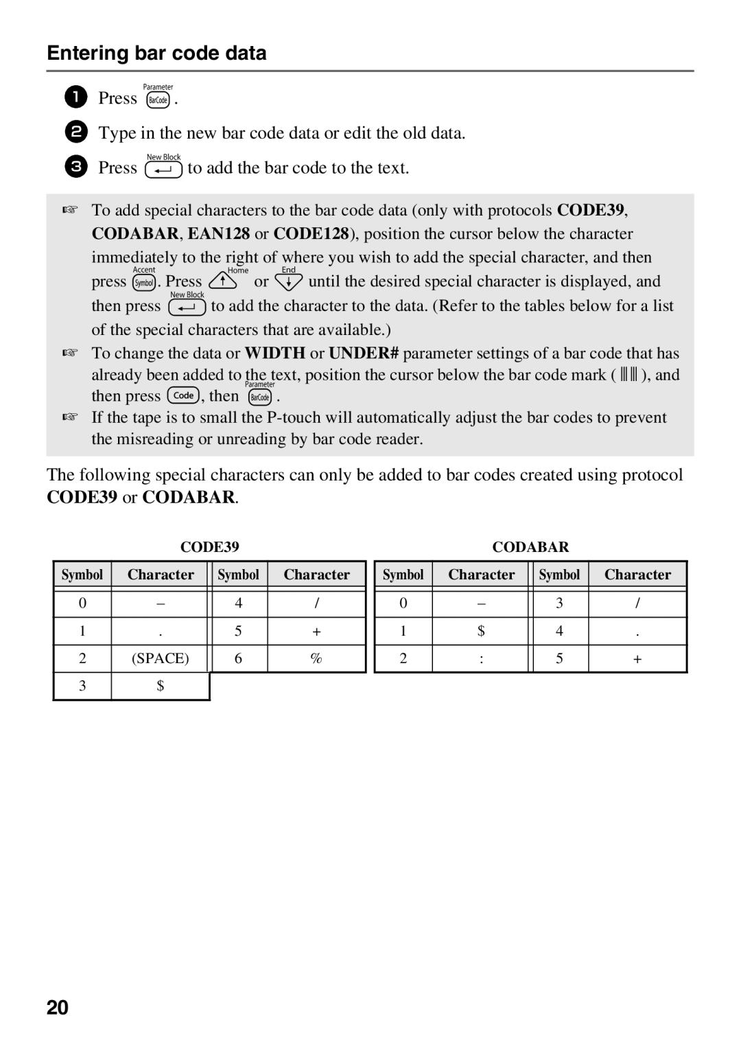 Brother 1650 manual Entering bar code data, CODE39 or Codabar 