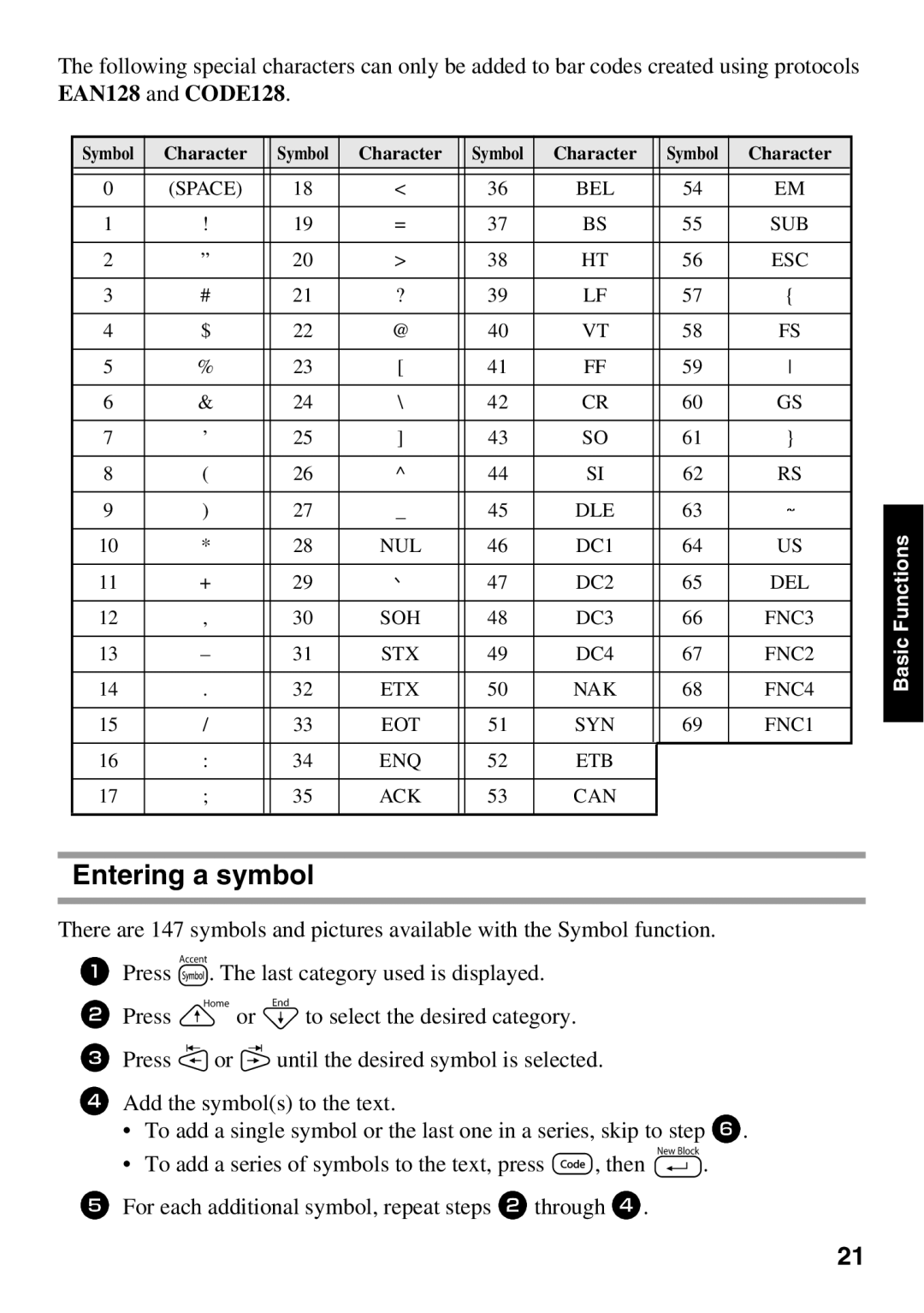 Brother 1650 manual Entering a symbol, EAN128 and CODE128 