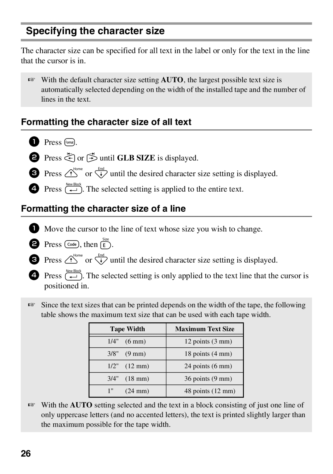 Brother 1650 manual Specifying the character size, Formatting the character size of all text 