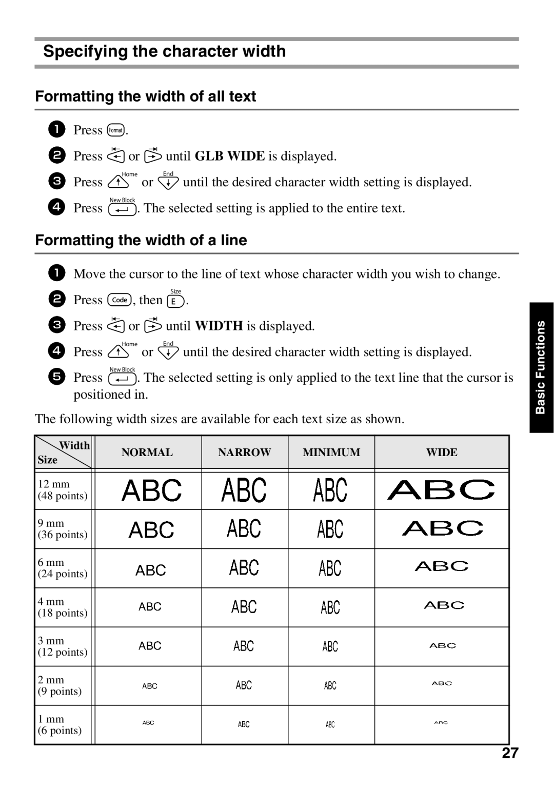 Brother 1650 manual Specifying the character width, Formatting the width of all text, Formatting the width of a line 