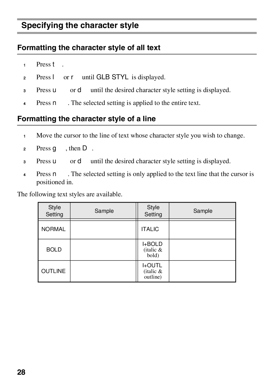 Brother 1650 manual Specifying the character style, Formatting the character style of all text 