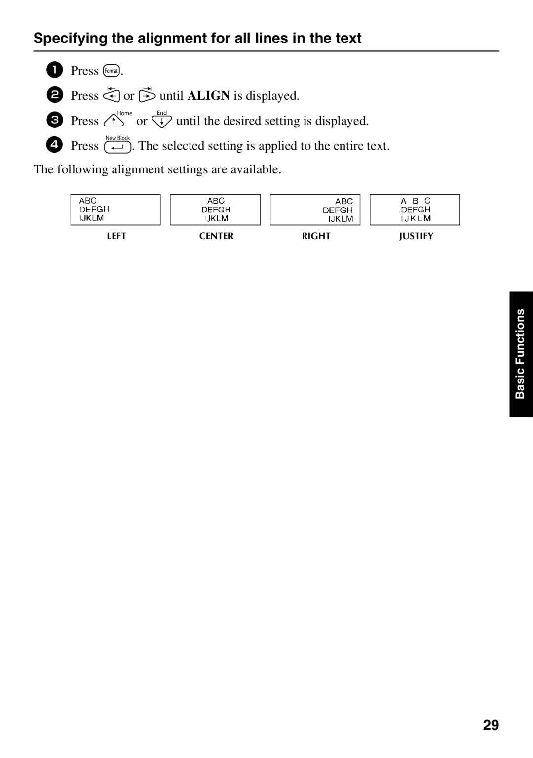 Brother 1650 manual Specifying the alignment for all lines in the text 