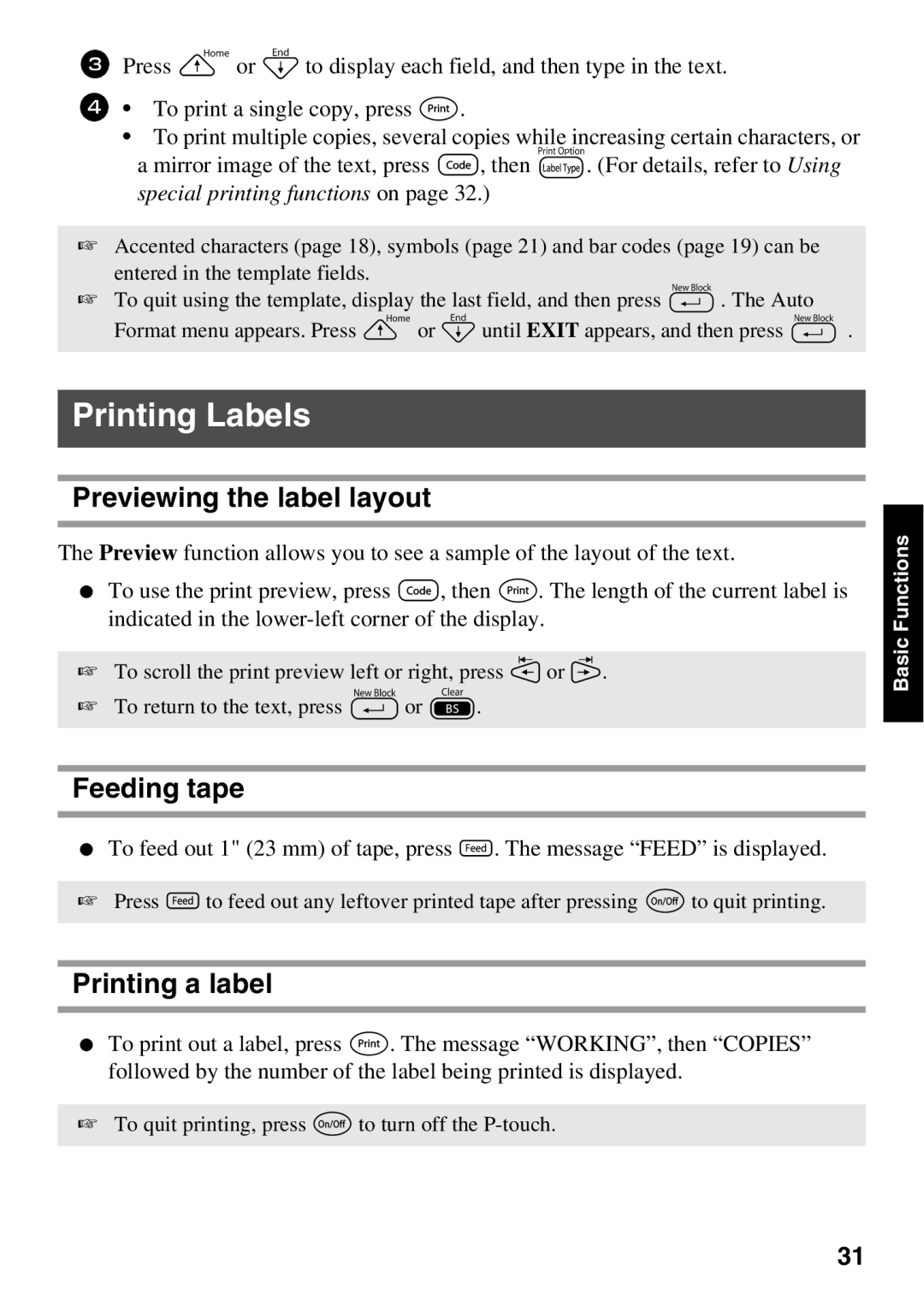 Brother 1650 manual Printing Labels, Previewing the label layout, Feeding tape, Printing a label 