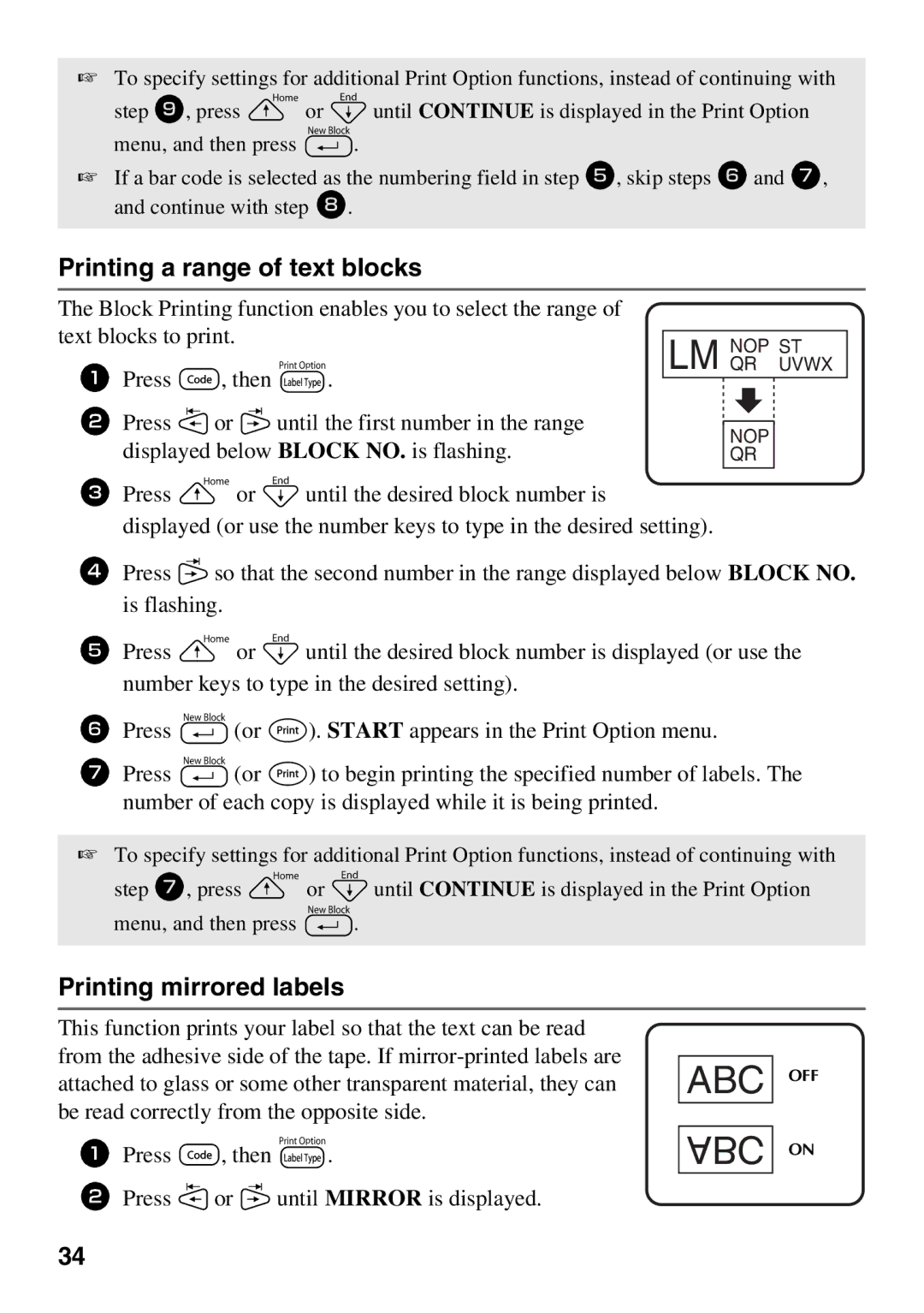 Brother 1650 manual Printing a range of text blocks, Printing mirrored labels 