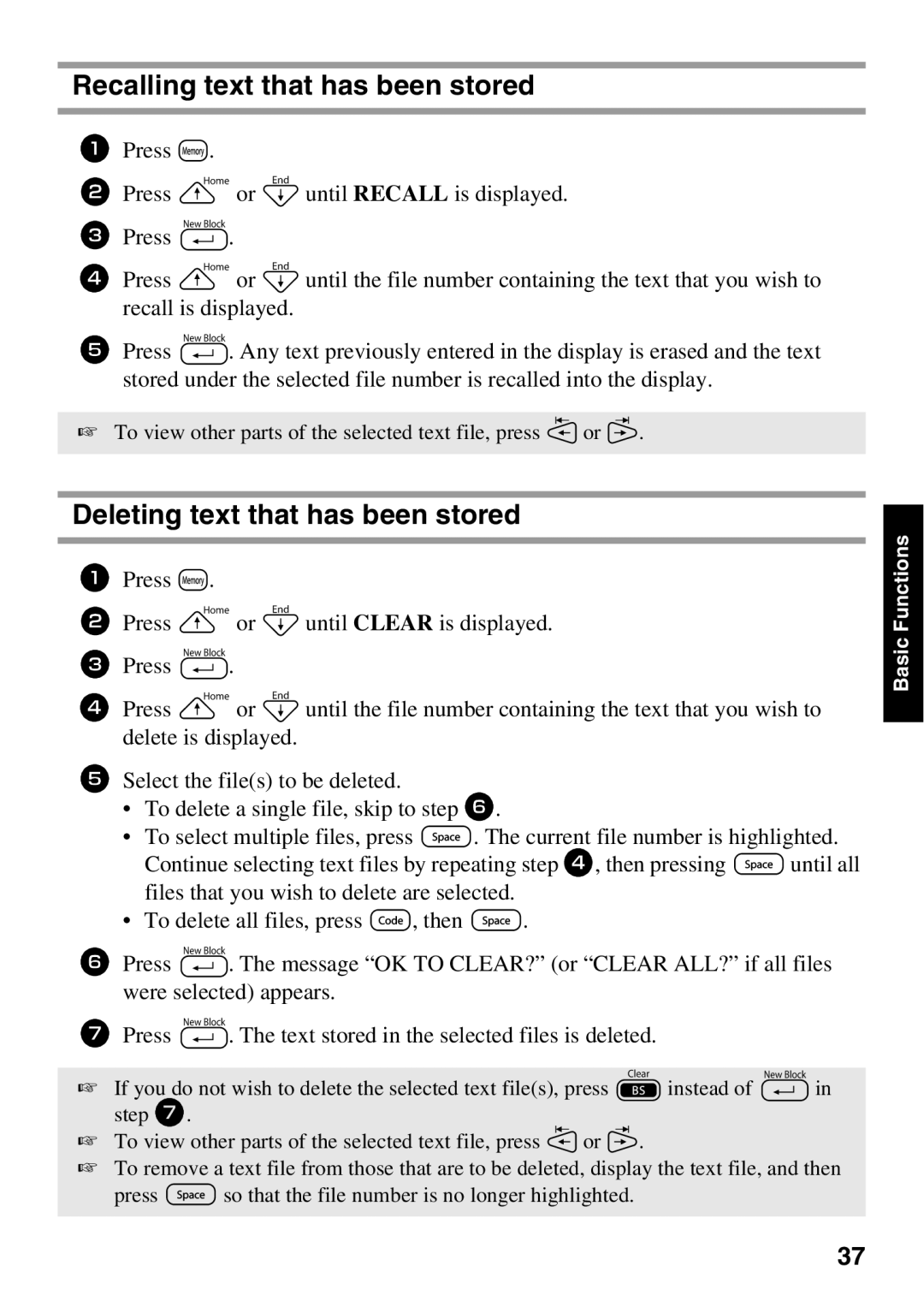 Brother 1650 manual Recalling text that has been stored, Deleting text that has been stored 