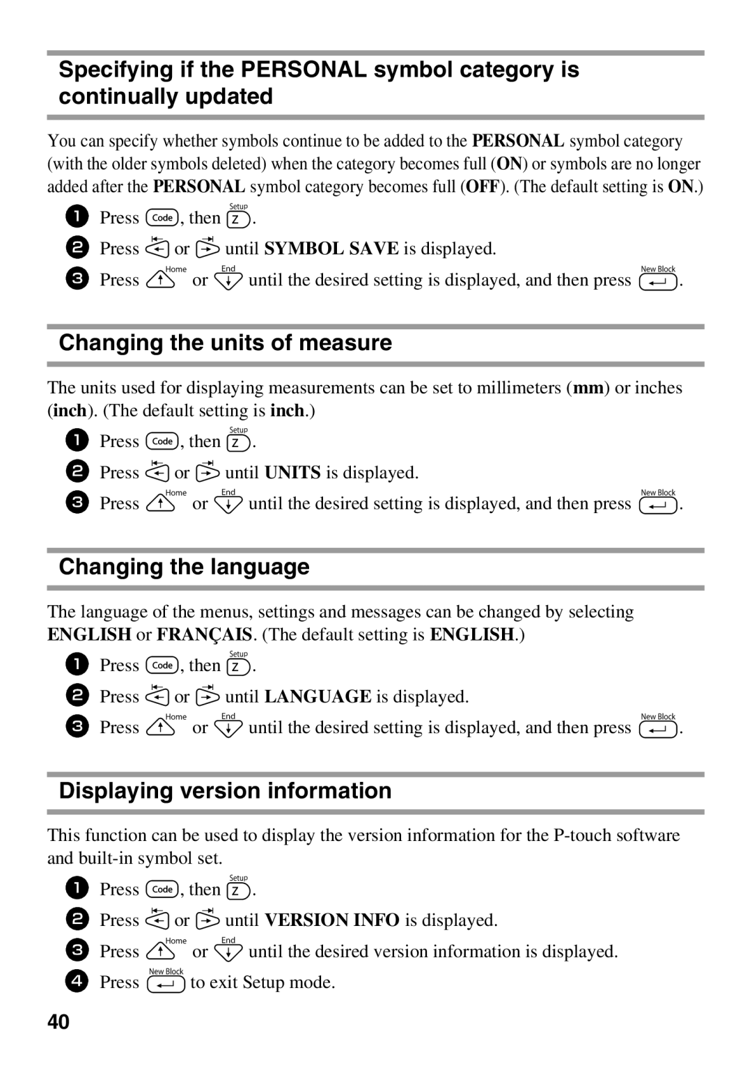 Brother 1650 manual Changing the units of measure, Changing the language, Displaying version information 