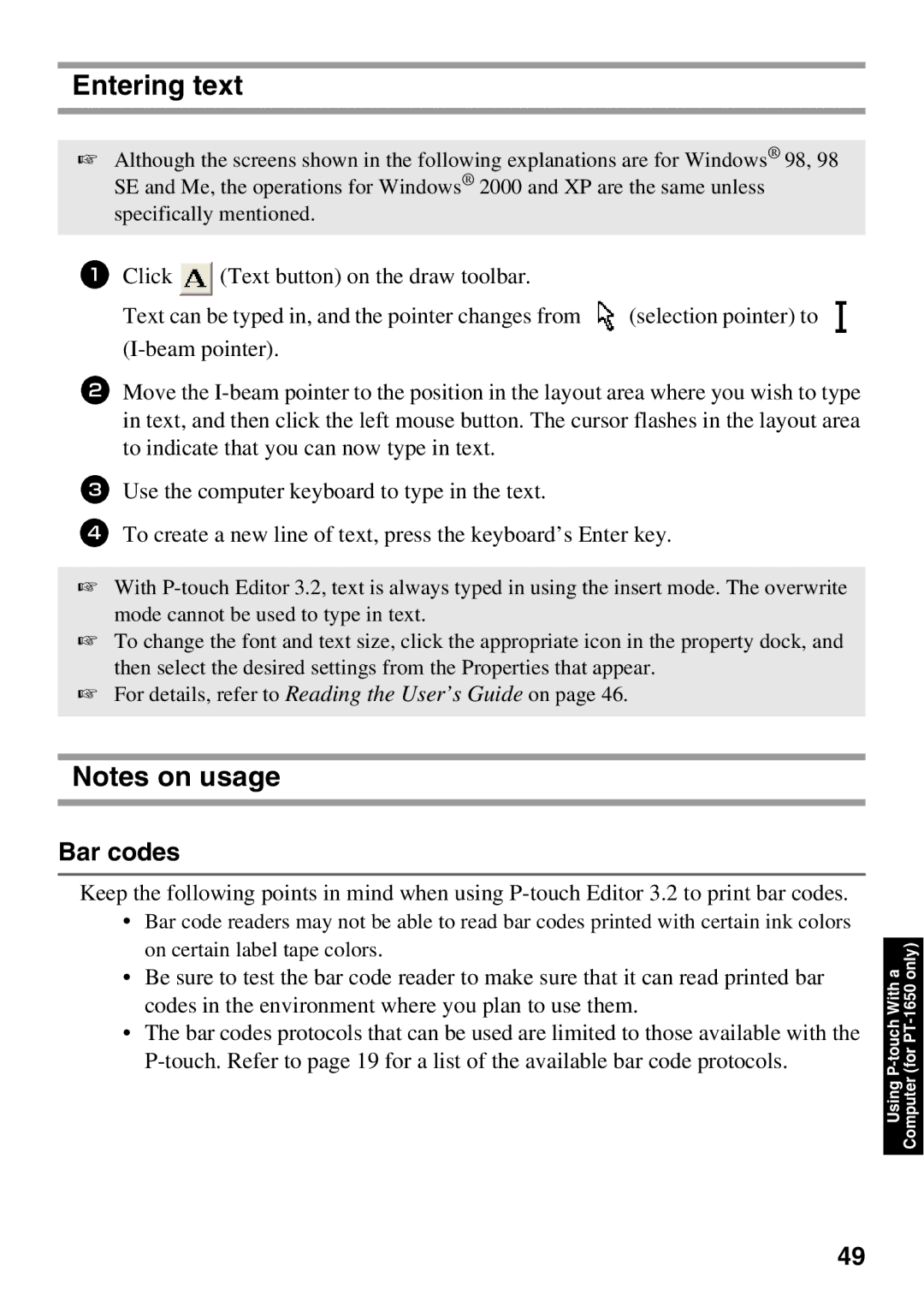 Brother 1650 manual Entering text, Bar codes 