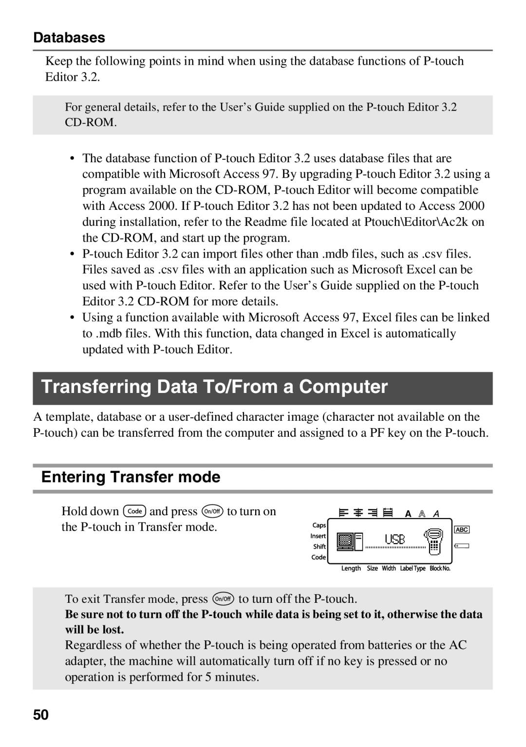 Brother 1650 manual Transferring Data To/From a Computer, Entering Transfer mode, Databases 