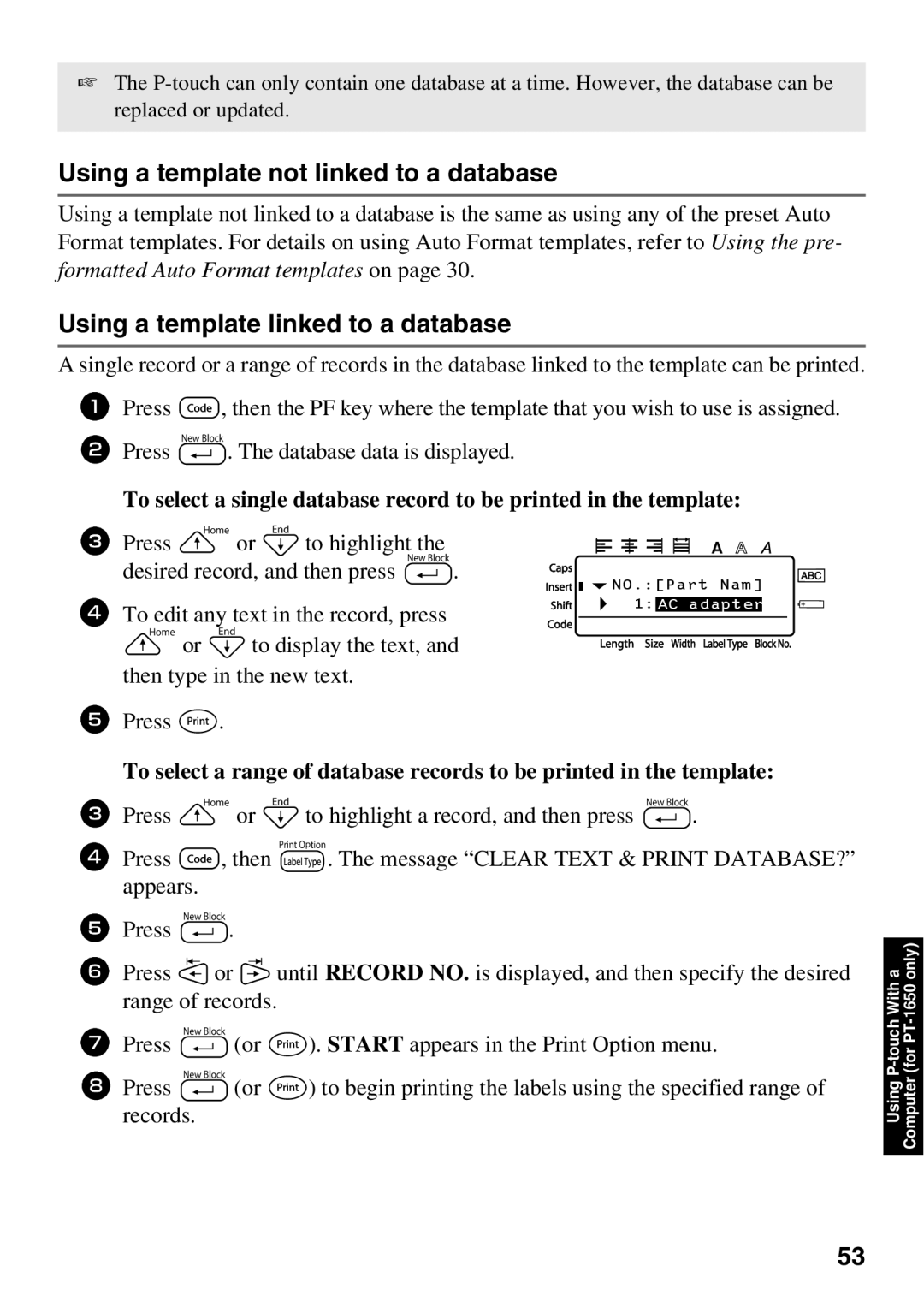 Brother 1650 manual Using a template not linked to a database, Using a template linked to a database 